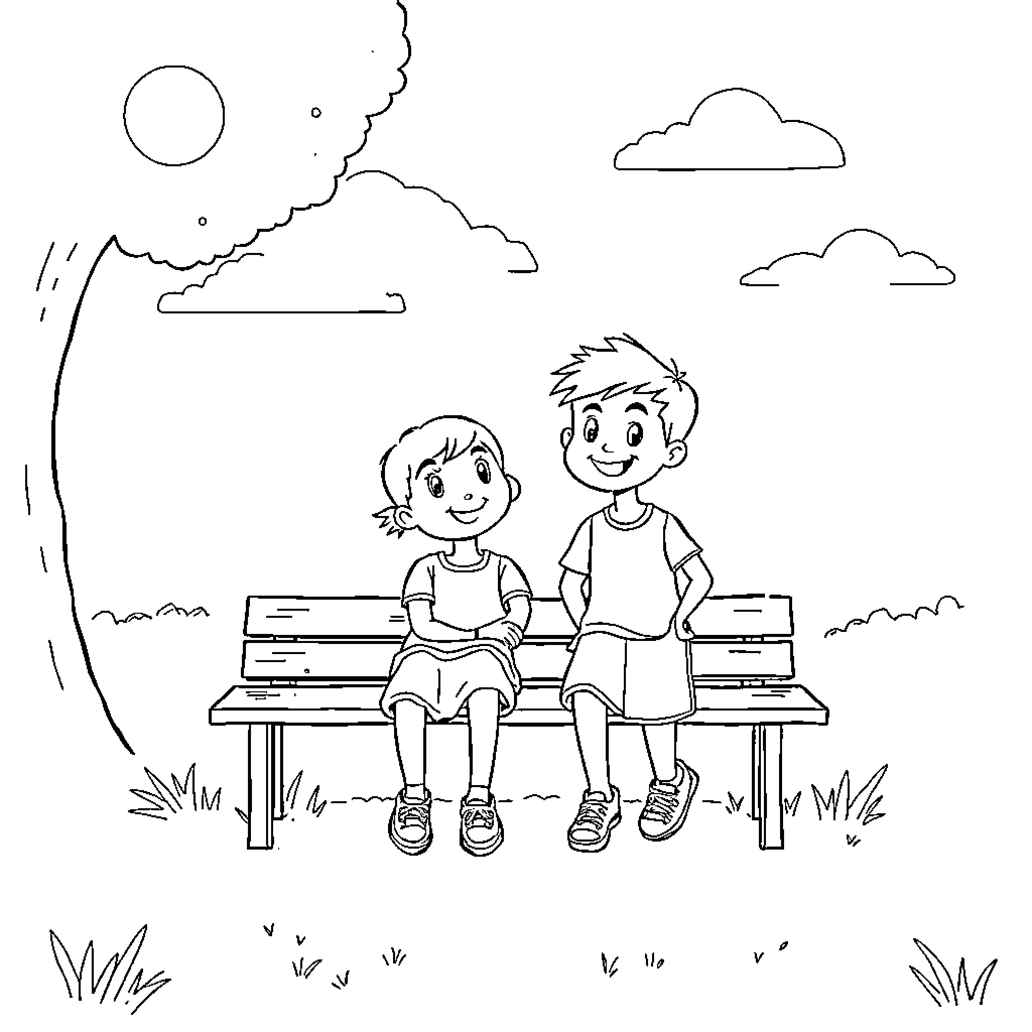 Friend relaxing on bench in the park Coloring Page (free black-and-white line drawing printable PDF for all, from beginners to advanced learners, including children, teens, adults, and seniors)