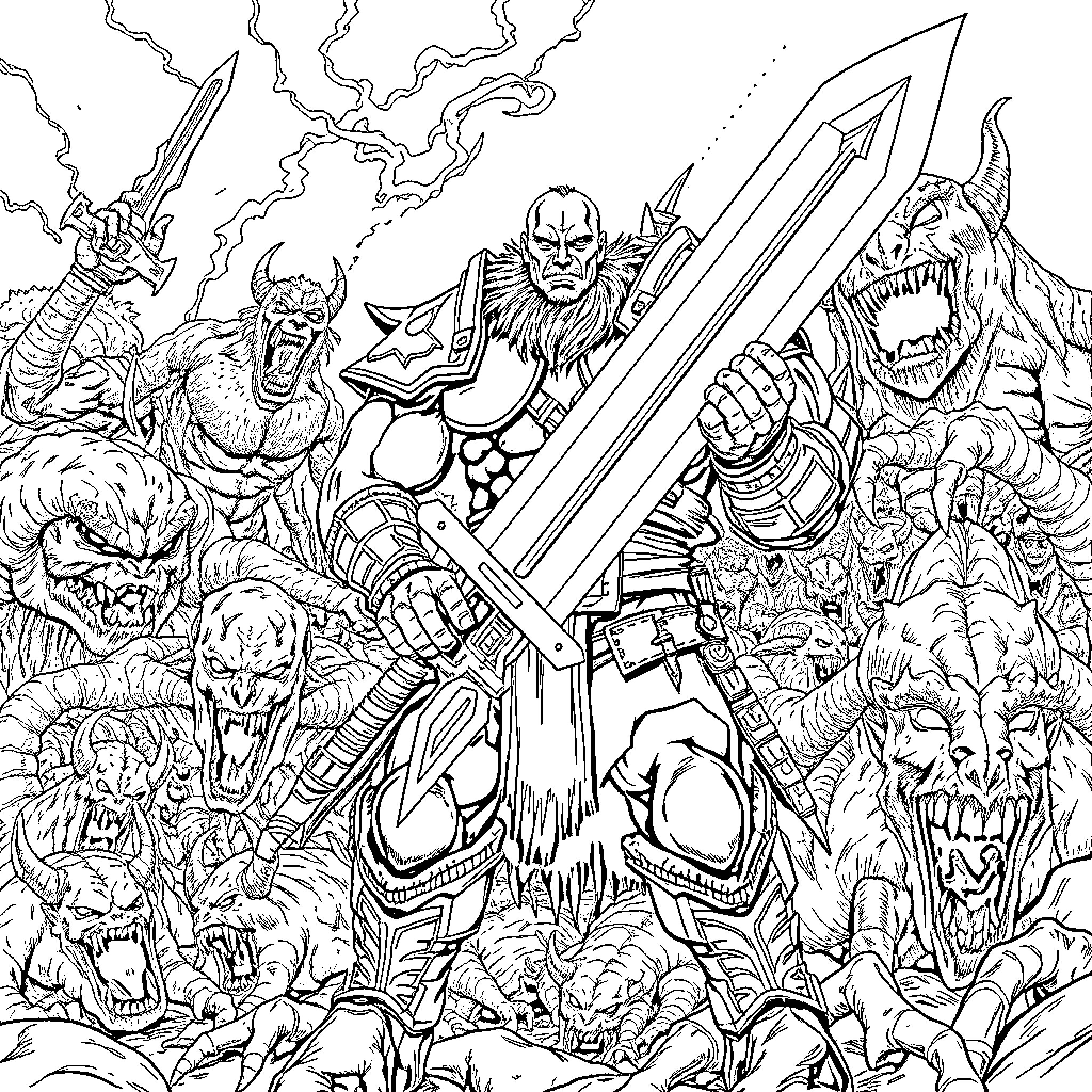 Guts: Fierce Warrior Battles Monstrous Foes Coloring Page (free black-and-white line drawing printable PDF for all, from beginners to advanced learners, including children, teens, adults, and seniors)