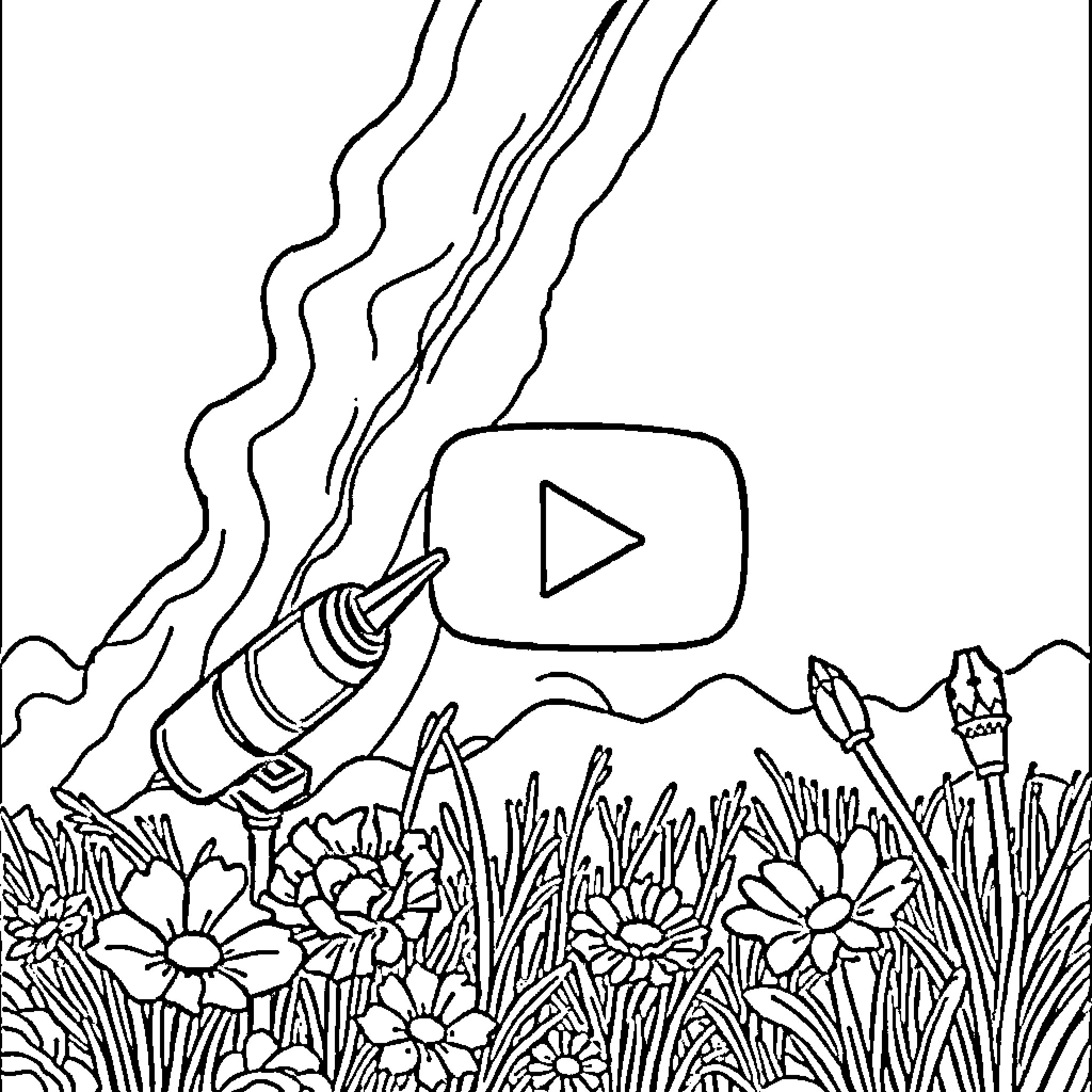YouTube video player in a flower field Coloring Page (free black-and-white line drawing printable PDF for all, from beginners to advanced learners, including children, teens, adults, and seniors)