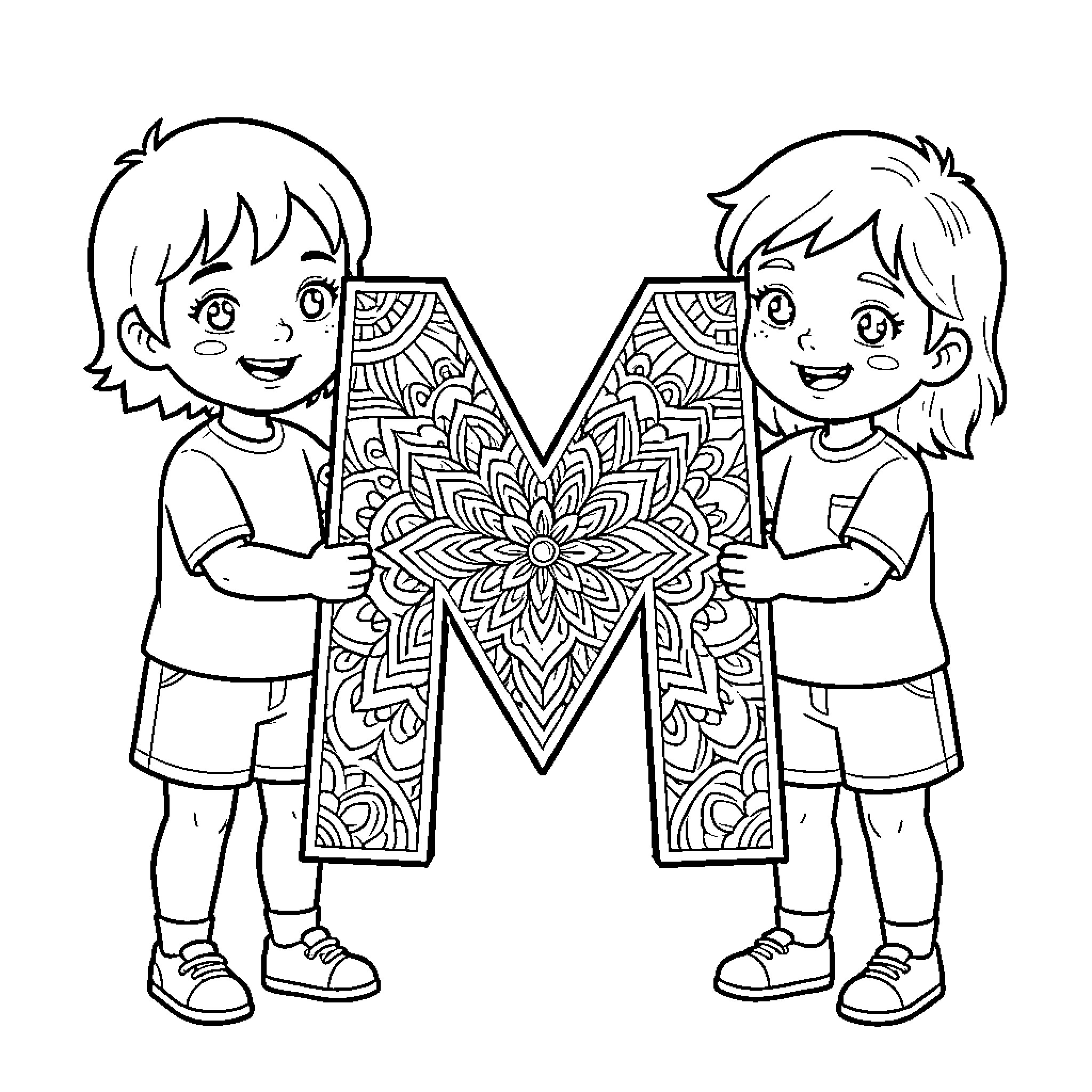 M decorated letter held by two smiling children Coloring Page (free black-and-white line drawing printable PDF for all, from beginners to advanced learners, including children, teens, adults, and seniors)