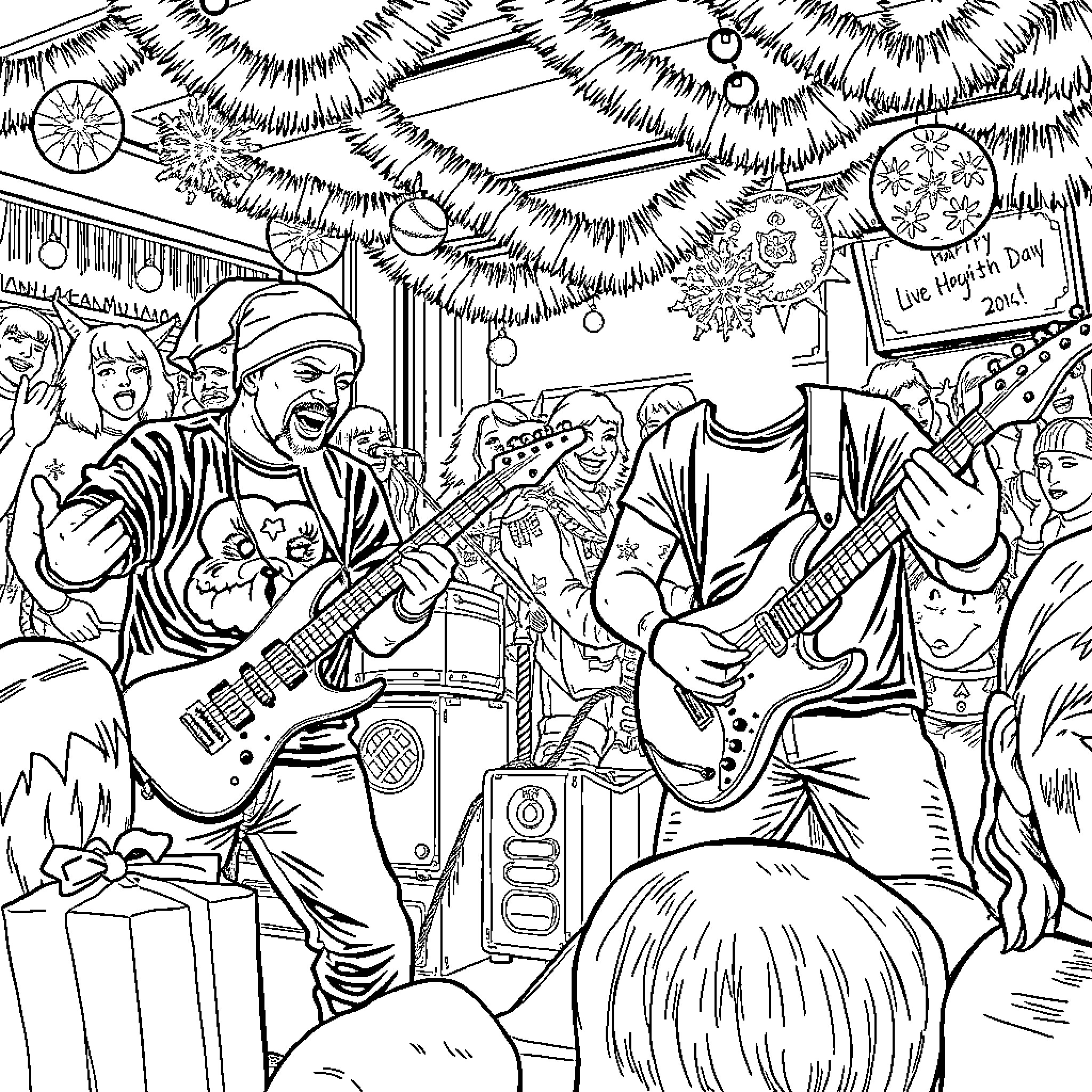 Limp Bizkit rocking the stage with energy and enthusiasm Coloring Page (free black-and-white line drawing printable PDF for all, from beginners to advanced learners, including children, teens, adults, and seniors)