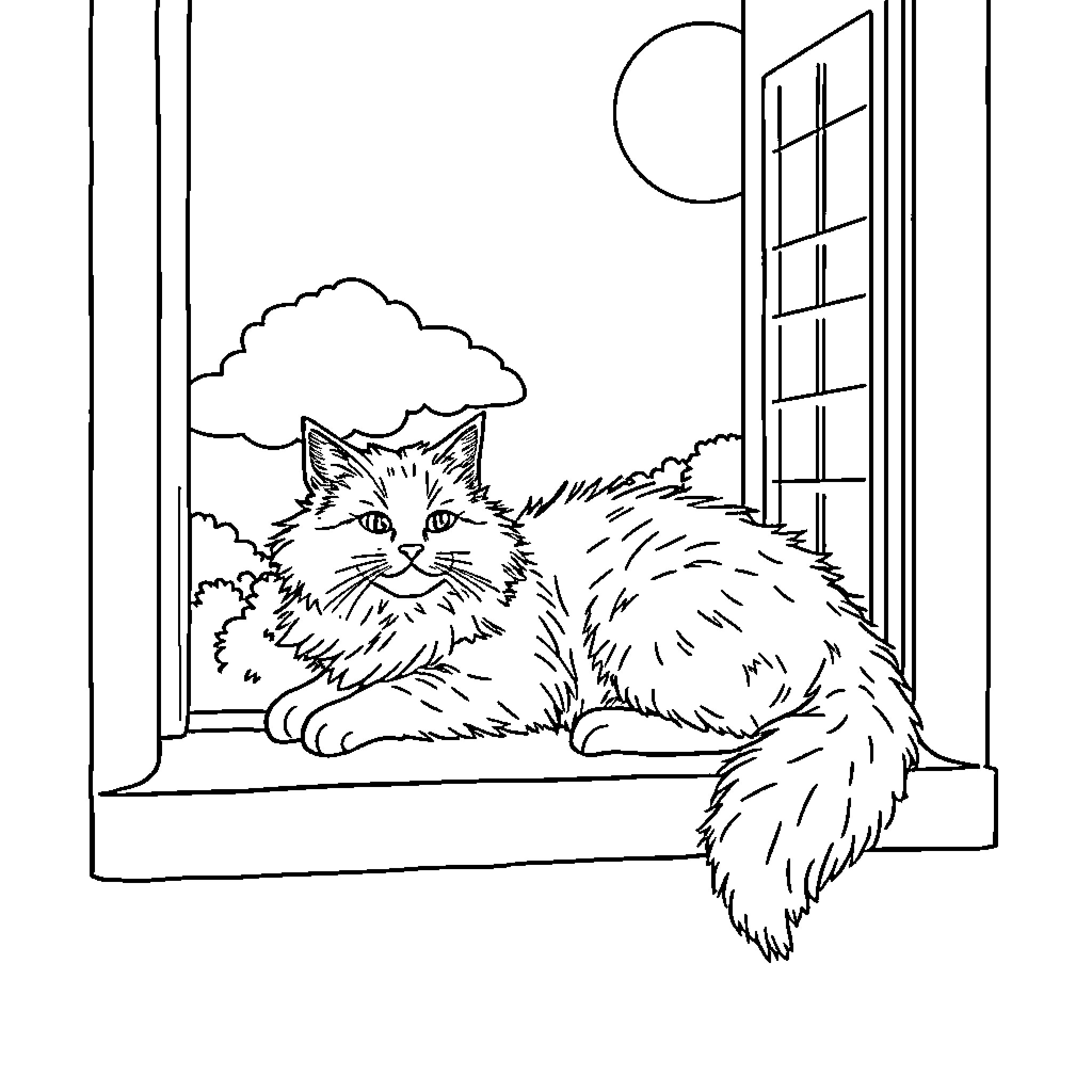 Cat gazing out the window on a moonlit night Coloring Page (free black-and-white line drawing printable PDF for all, from beginners to advanced learners, including children, teens, adults, and seniors)