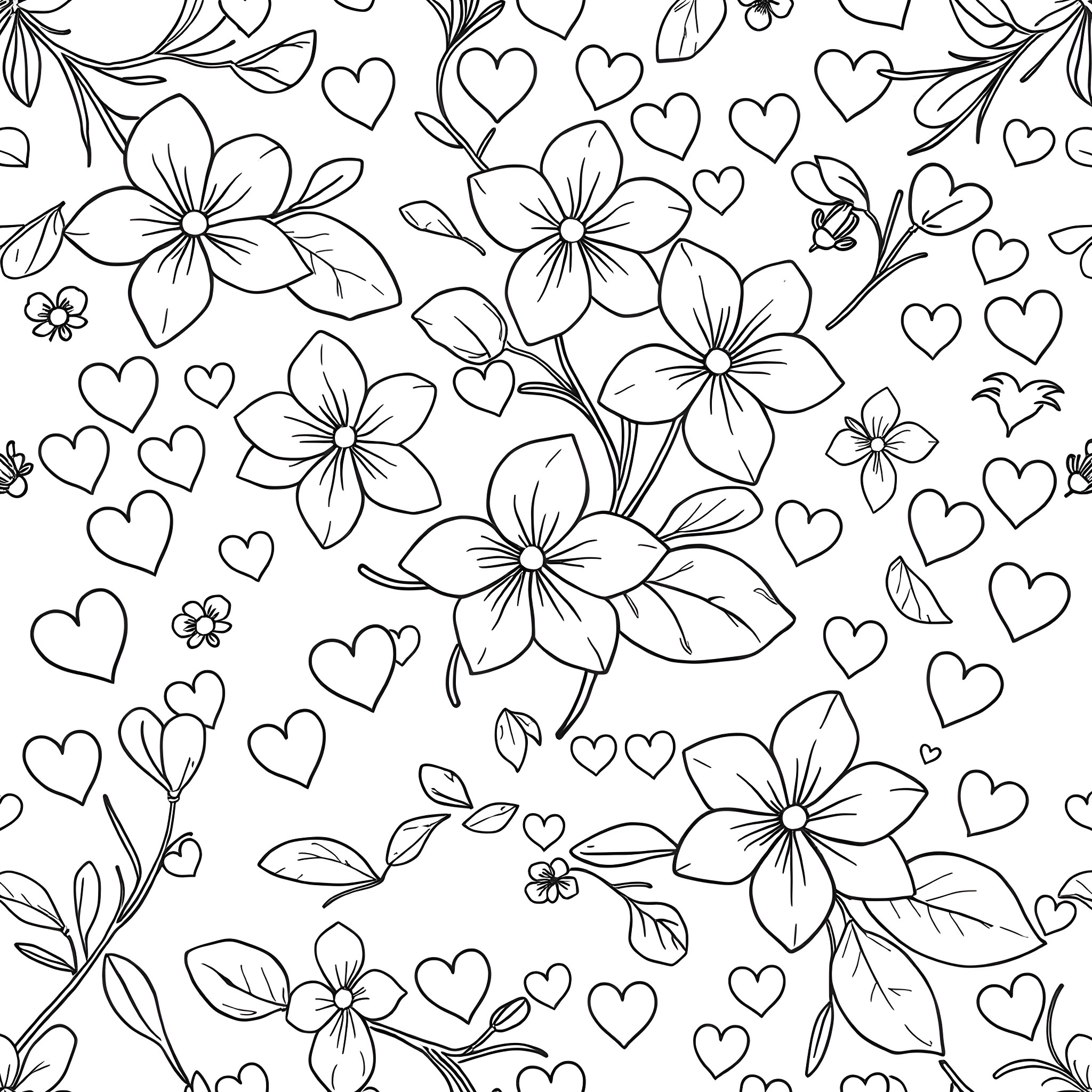 Jasmine flowers and hearts in a romantic pattern Coloring Page (free black-and-white line drawing printable PDF for all, from beginners to advanced learners, including children, teens, adults, and seniors)