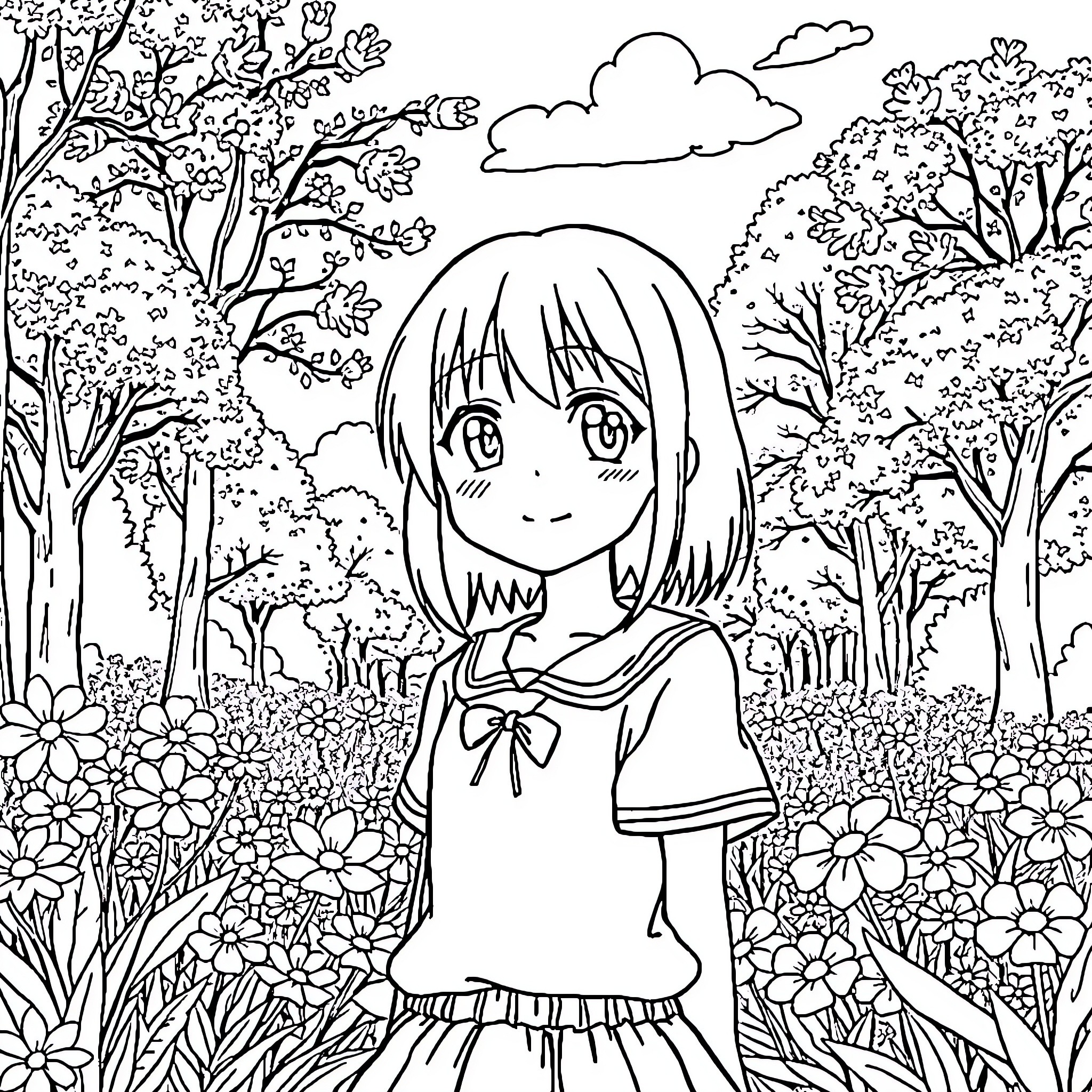 Tsukasa Yuzaki in a peaceful floral landscape Coloring Page (free black-and-white line drawing printable PDF for all, from beginners to advanced learners, including children, teens, adults, and seniors)