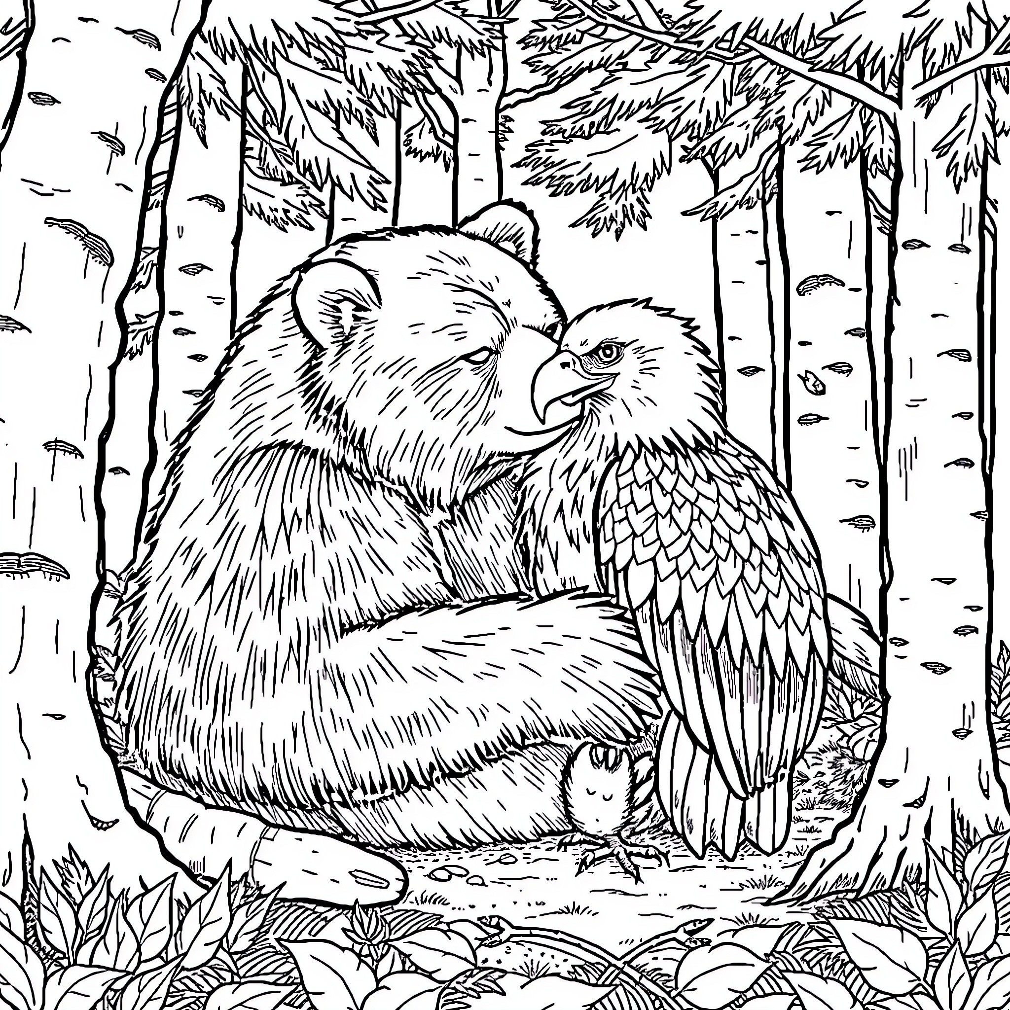 Bear enjoying nature with an eagle in the forest Coloring Page (free black-and-white line drawing printable PDF for all, from beginners to advanced learners, including children, teens, adults, and seniors)