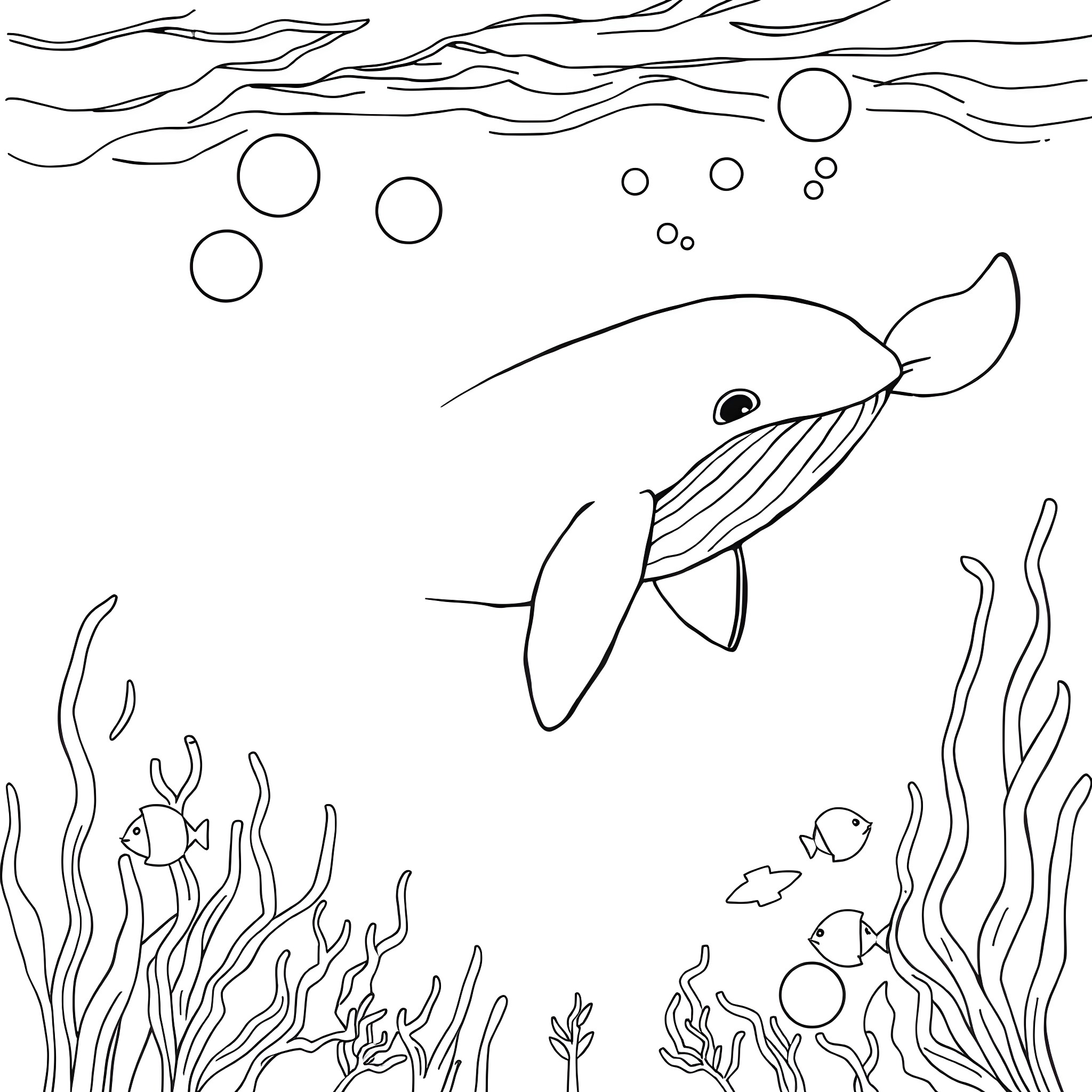 Whale swimming amongst ocean life Coloring Page (free black-and-white line drawing printable PDF for all, from beginners to advanced learners, including children, teens, adults, and seniors)