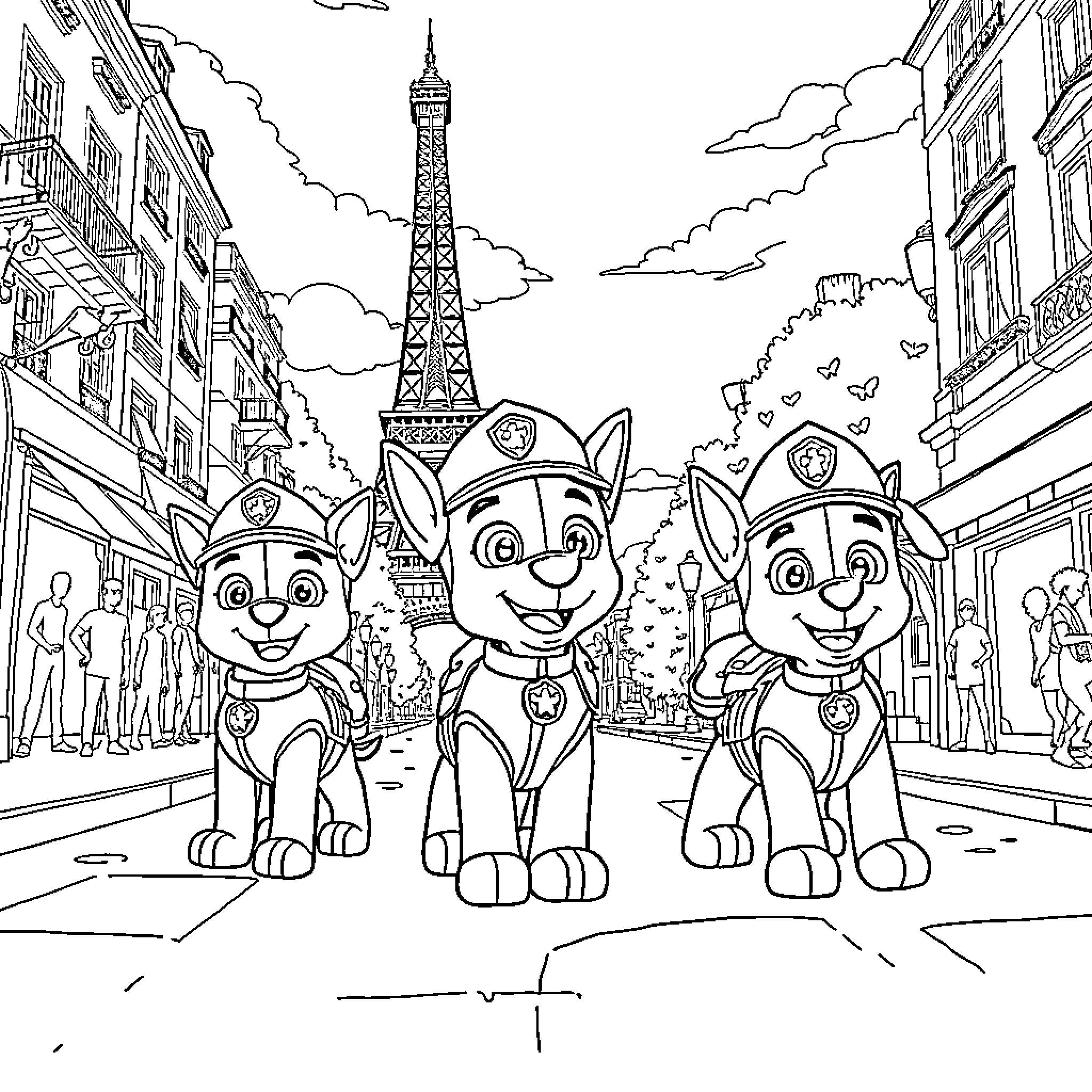 Paw Patrol Cadets Explore Paris Landmarks Coloring Page (free black-and-white line drawing printable PDF for all, from beginners to advanced learners, including children, teens, adults, and seniors)