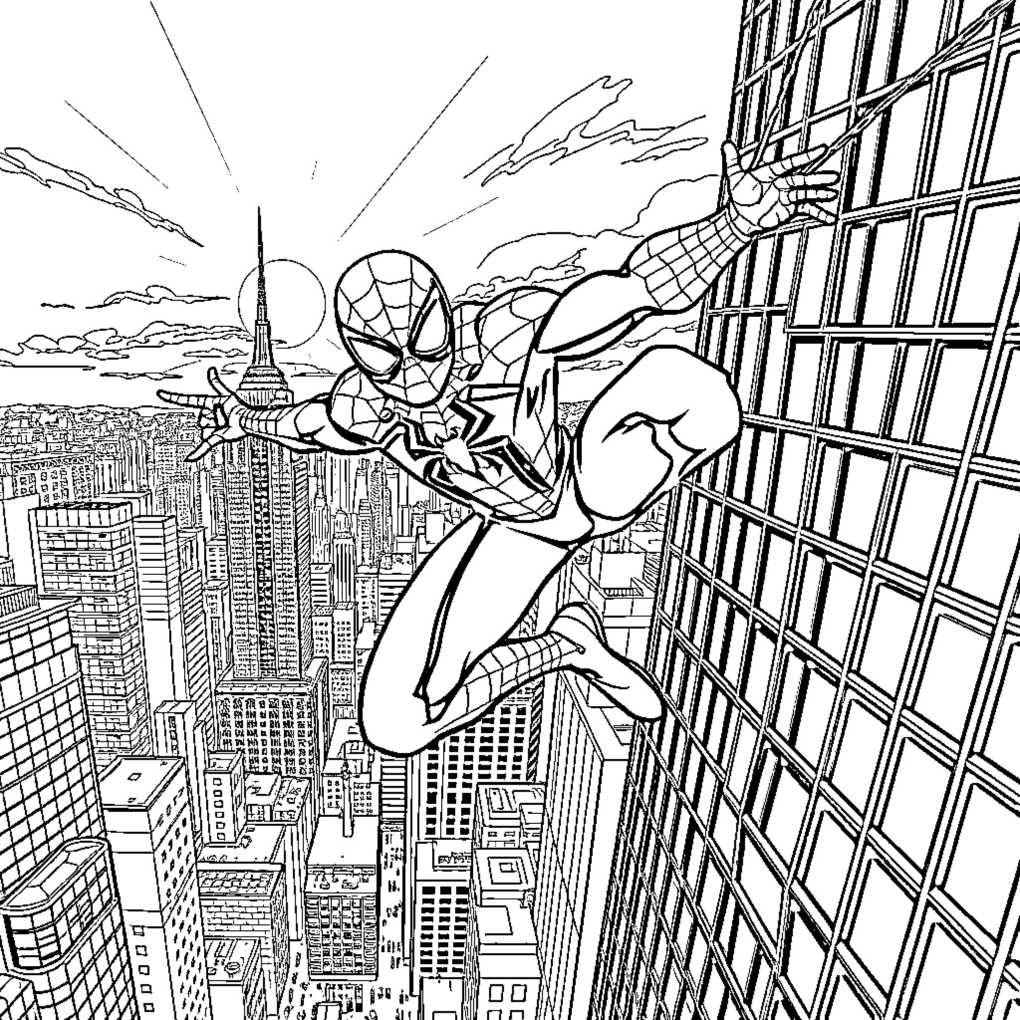 Spider-Man Swinging through the City Skyline Coloring Page (free black-and-white line drawing printable PDF for all, from beginners to advanced learners, including children, teens, adults, and seniors)