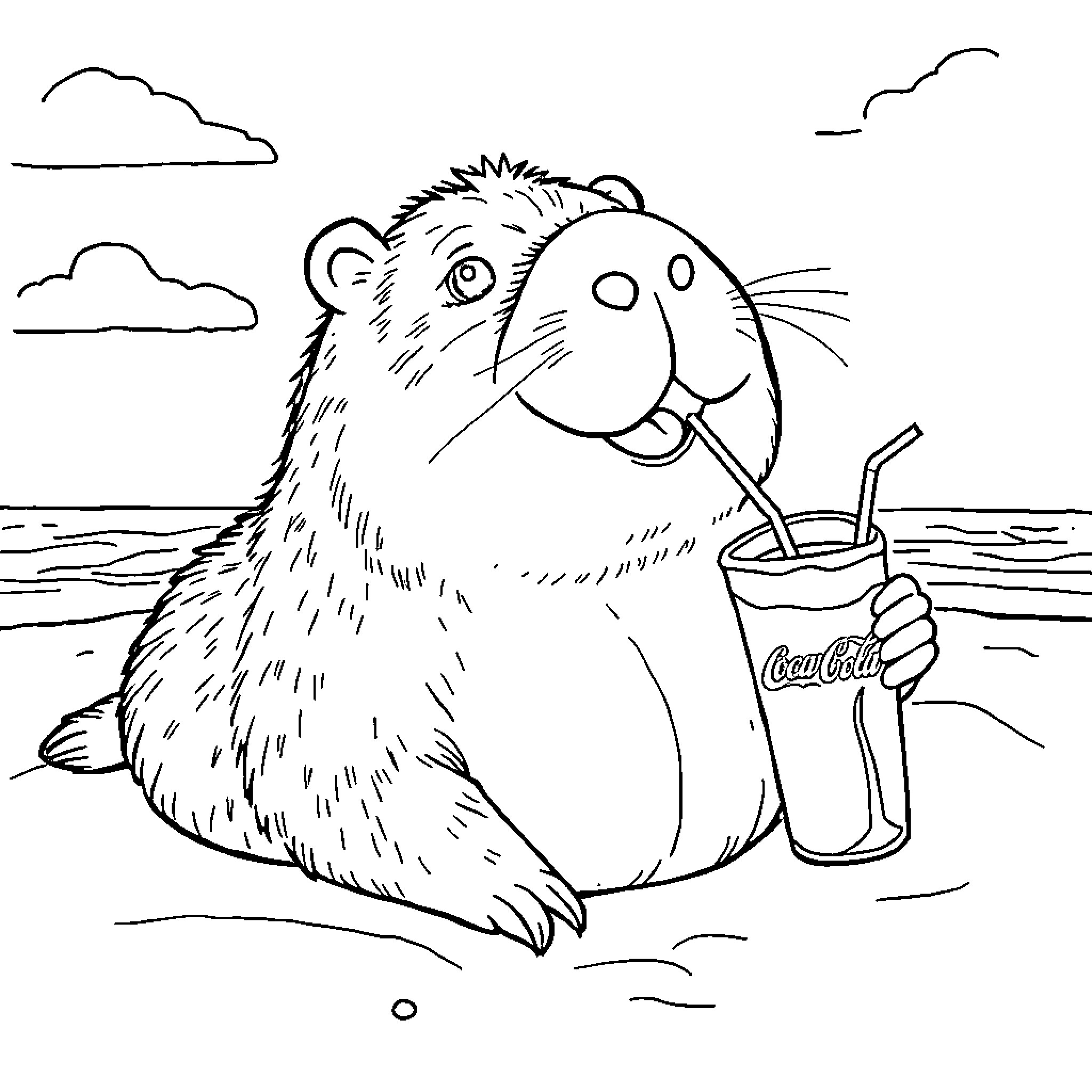Capybara enjoying a refreshing beverage on the beach Coloring Page (free black-and-white line drawing printable PDF for all, from beginners to advanced learners, including children, teens, adults, and seniors)