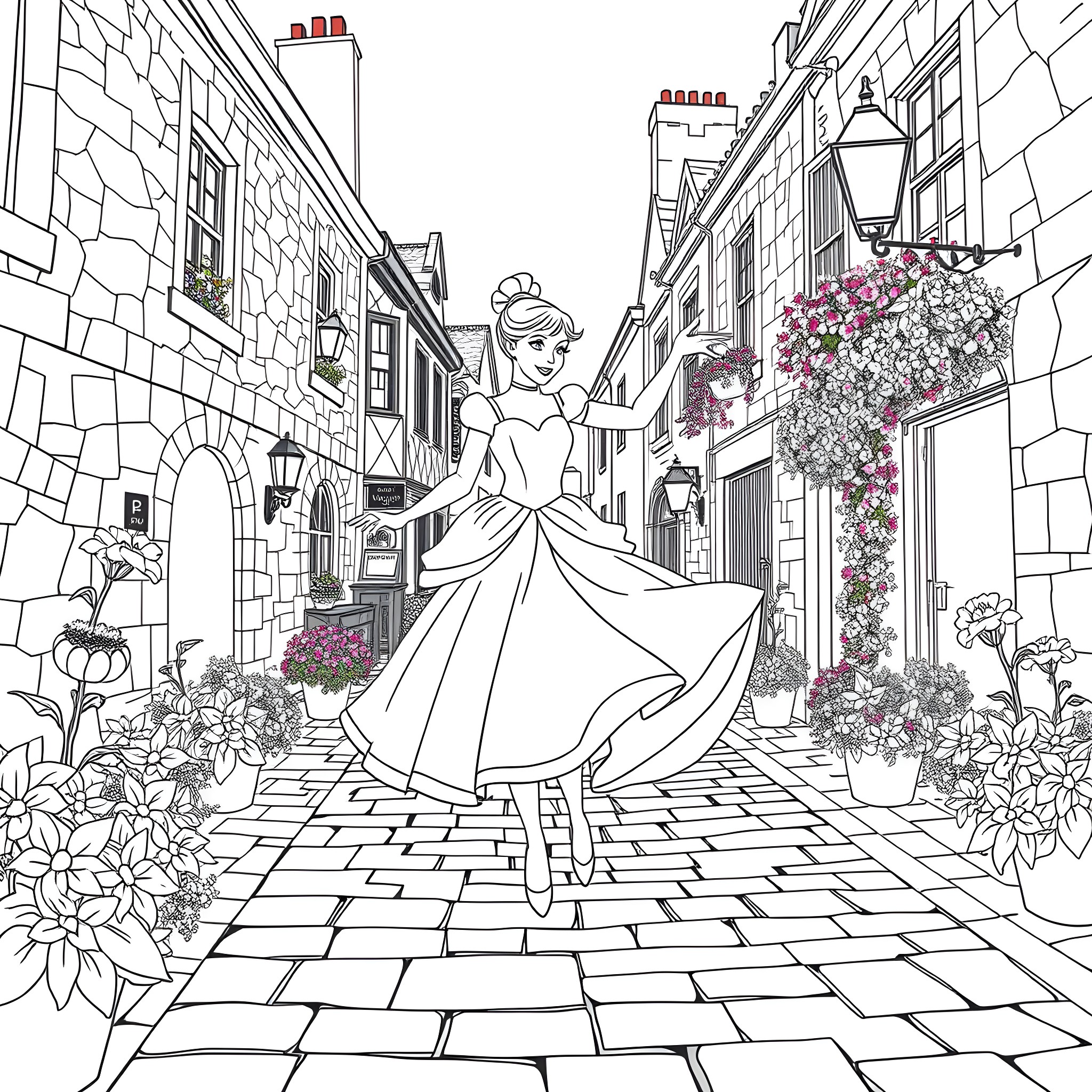 Cinderella's Enchanting Stroll through the Cobblestone Street Coloring Page (free black-and-white line drawing printable PDF for all, from beginners to advanced learners, including children, teens, adults, and seniors)