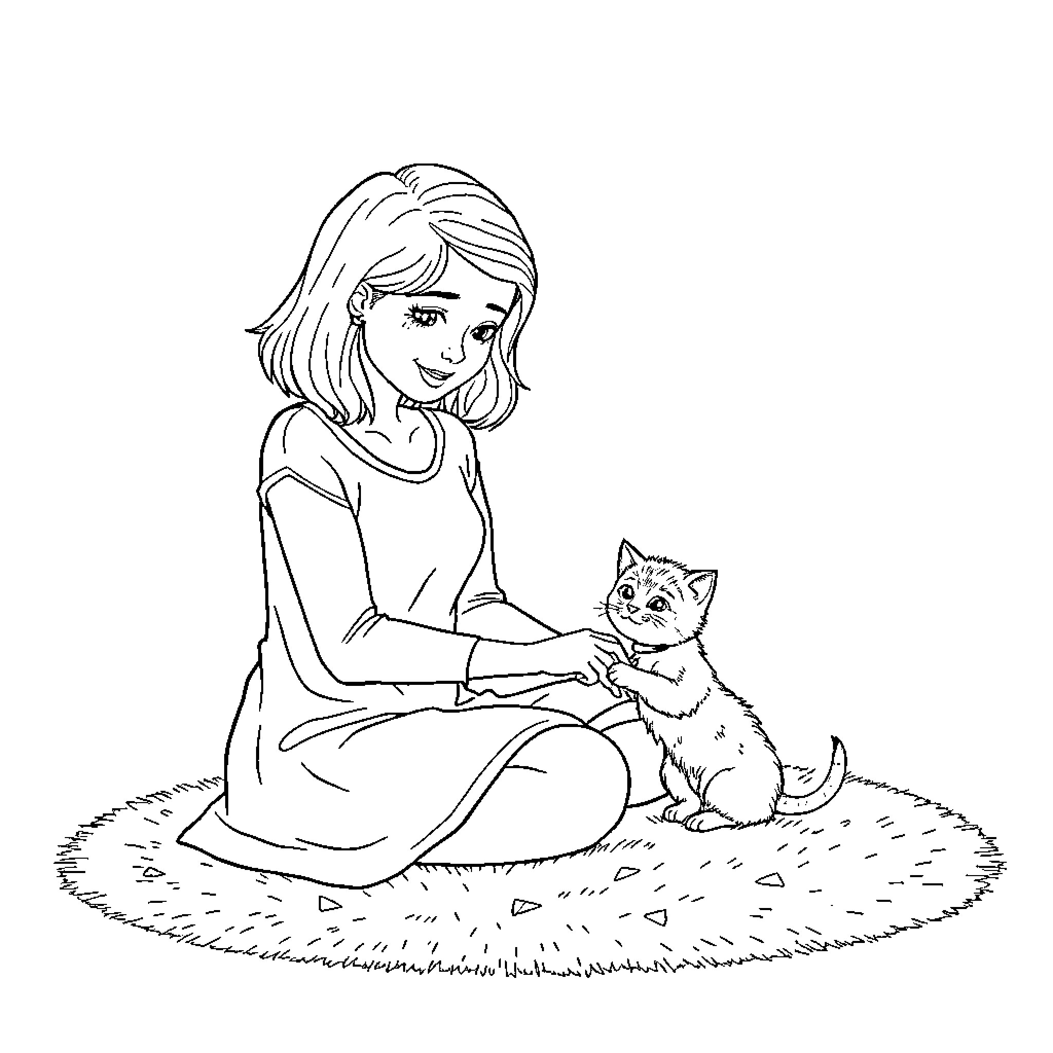 Ms Rachel's Playful Moment with a Kitten Coloring Page (free black-and-white line drawing printable PDF for all, from beginners to advanced learners, including children, teens, adults, and seniors)