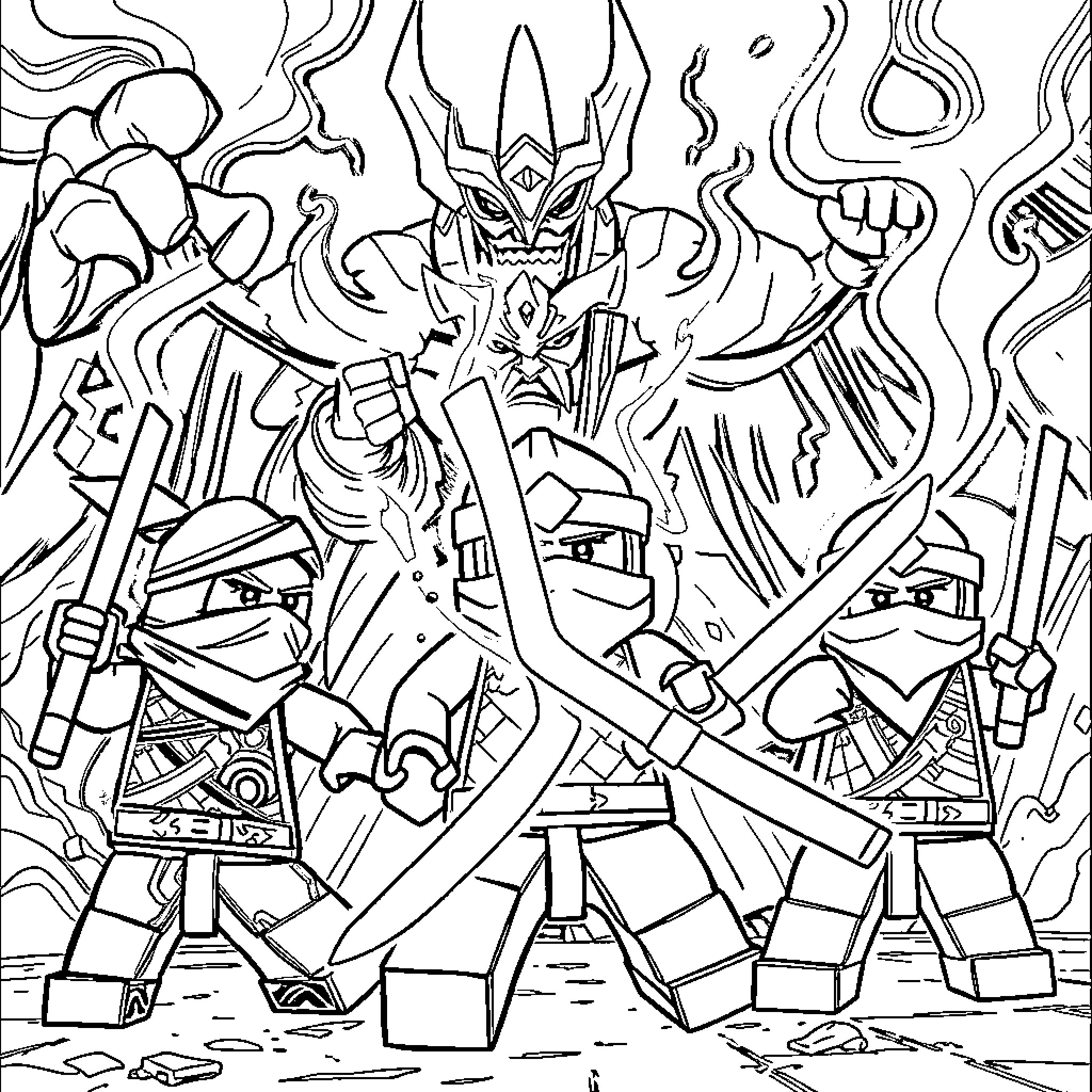 Ninjago warriors engaging in intense battle Coloring Page (free black-and-white line drawing printable PDF for all, from beginners to advanced learners, including children, teens, adults, and seniors)