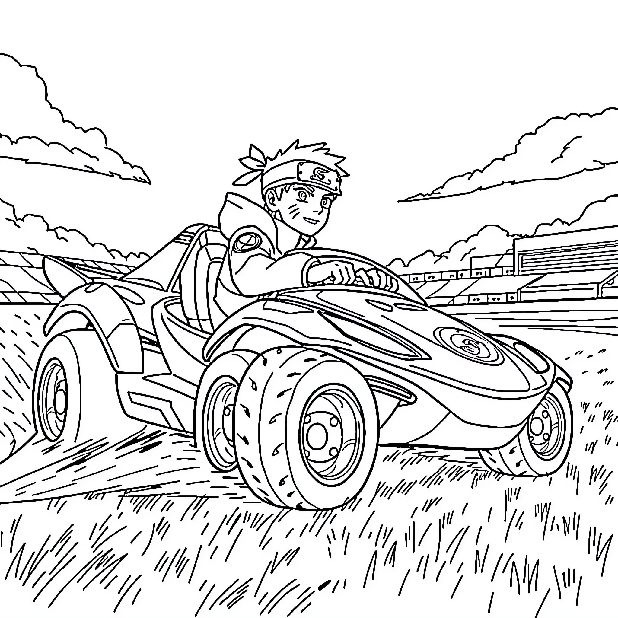 Naruto speeding through the countryside in his racer Coloring Page (free black-and-white line drawing printable PDF for all, from beginners to advanced learners, including children, teens, adults, and seniors)