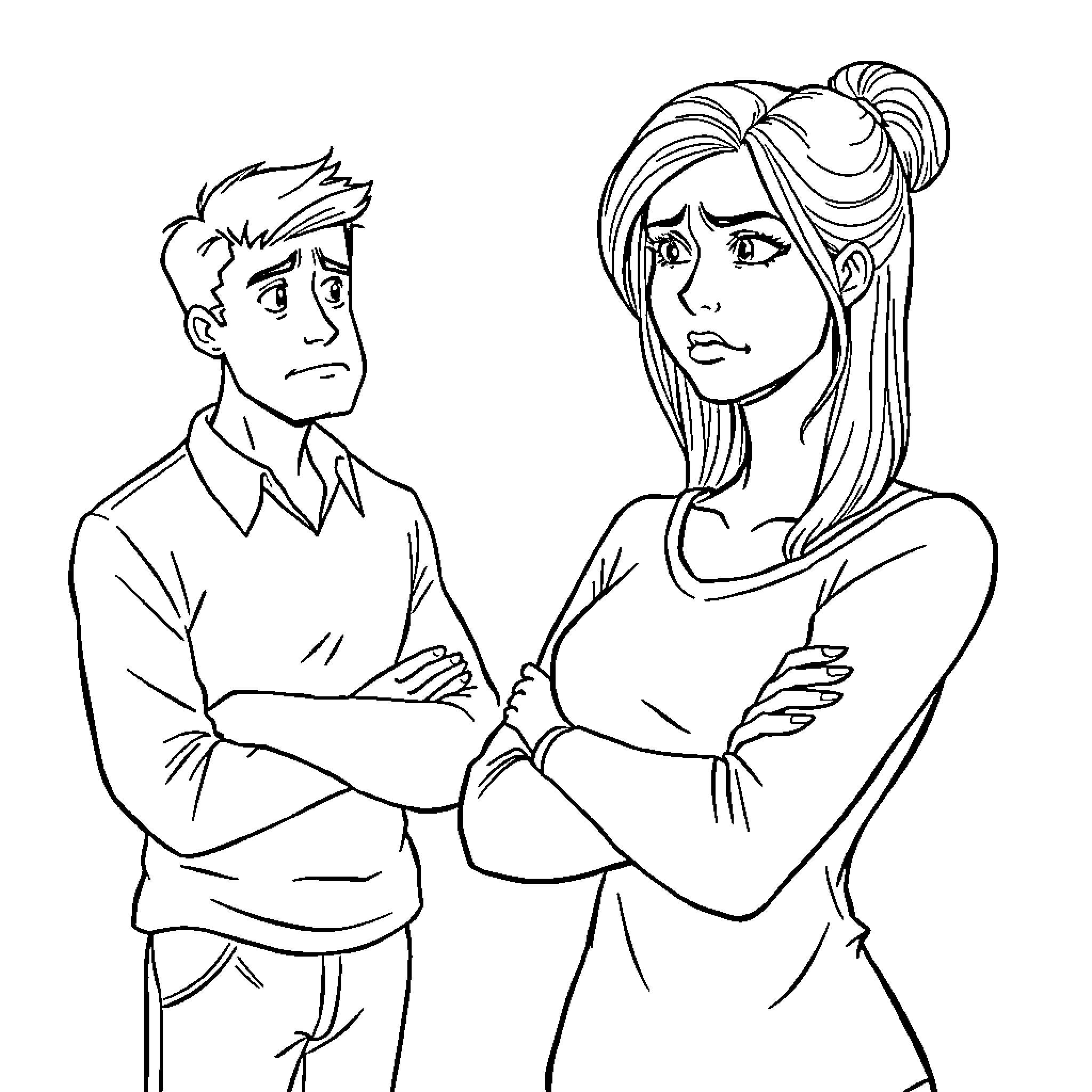 Wife and husband having a serious discussion Coloring Page (free black-and-white line drawing printable PDF for all, from beginners to advanced learners, including children, teens, adults, and seniors)