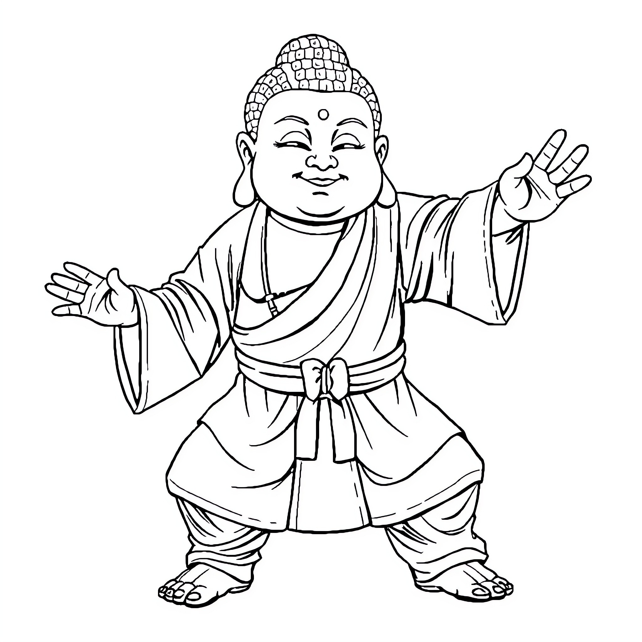 Buddha in Joyful and Welcoming Pose Coloring Page (free black-and-white line drawing printable PDF for all, from beginners to advanced learners, including children, teens, adults, and seniors)
