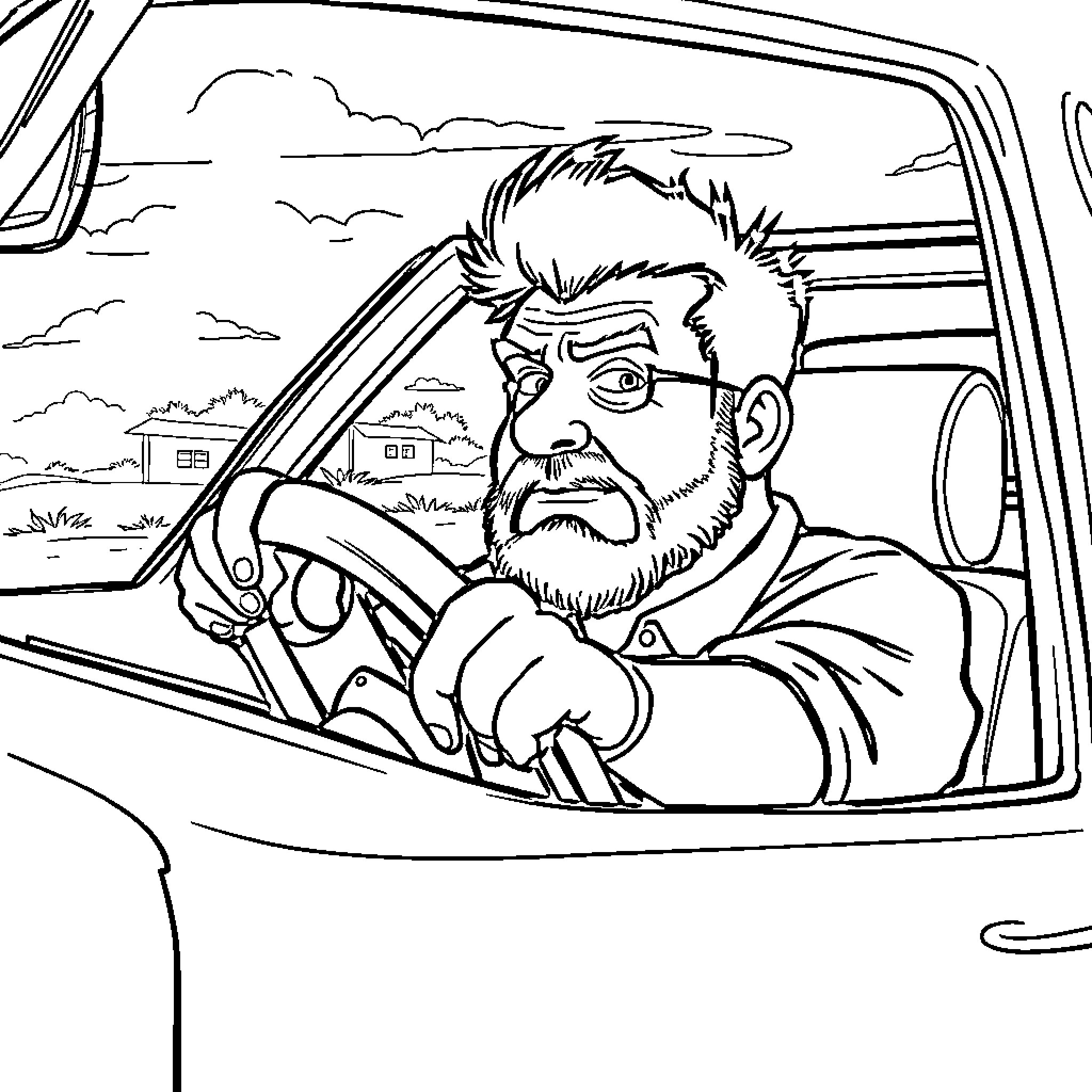 Ricky driving a car with a serious expression Coloring Page (free black-and-white line drawing printable PDF for all, from beginners to advanced learners, including children, teens, adults, and seniors)