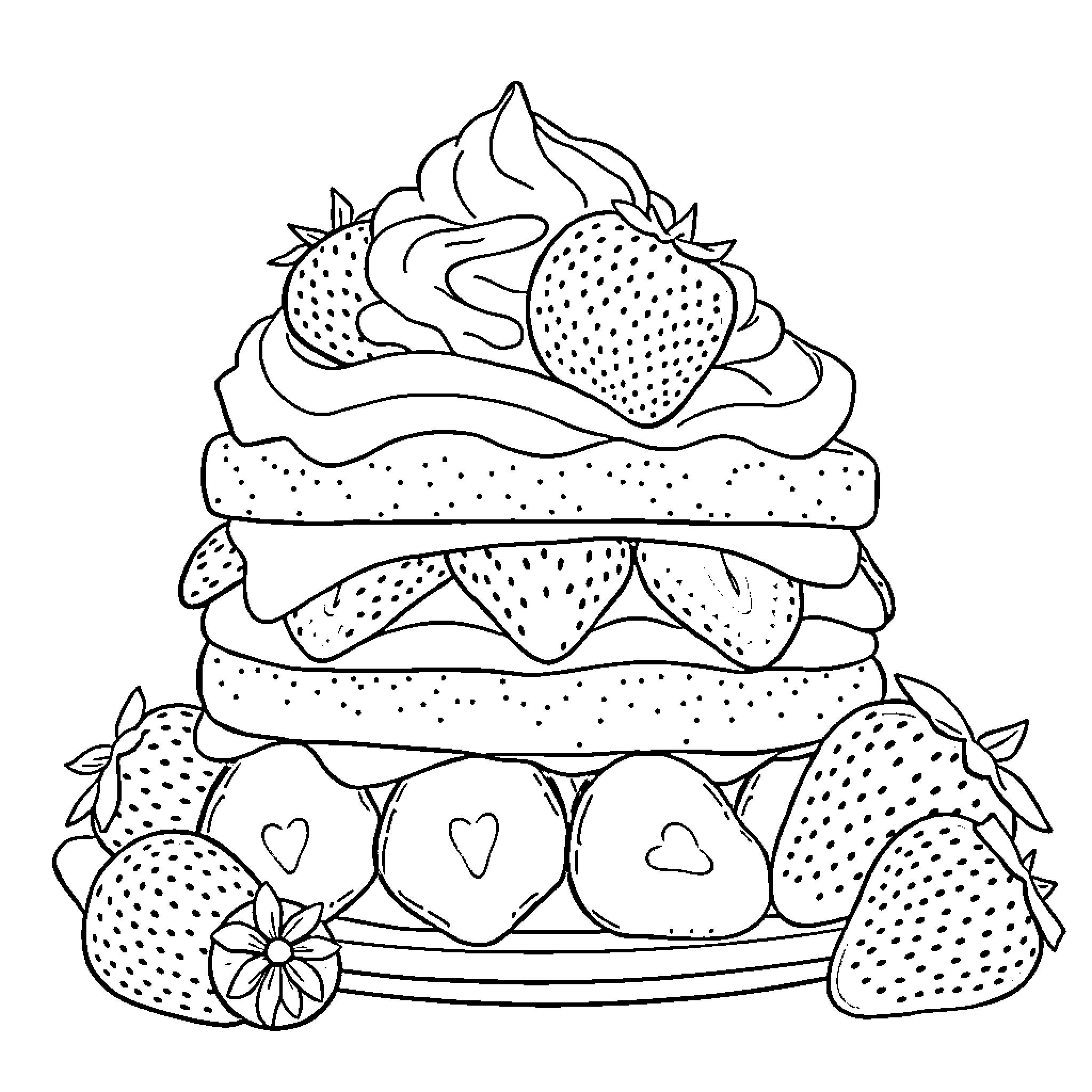 Strawberry Shortcake with Adorned Dessert Tower Coloring Page (free black-and-white line drawing printable PDF for all, from beginners to advanced learners, including children, teens, adults, and seniors)