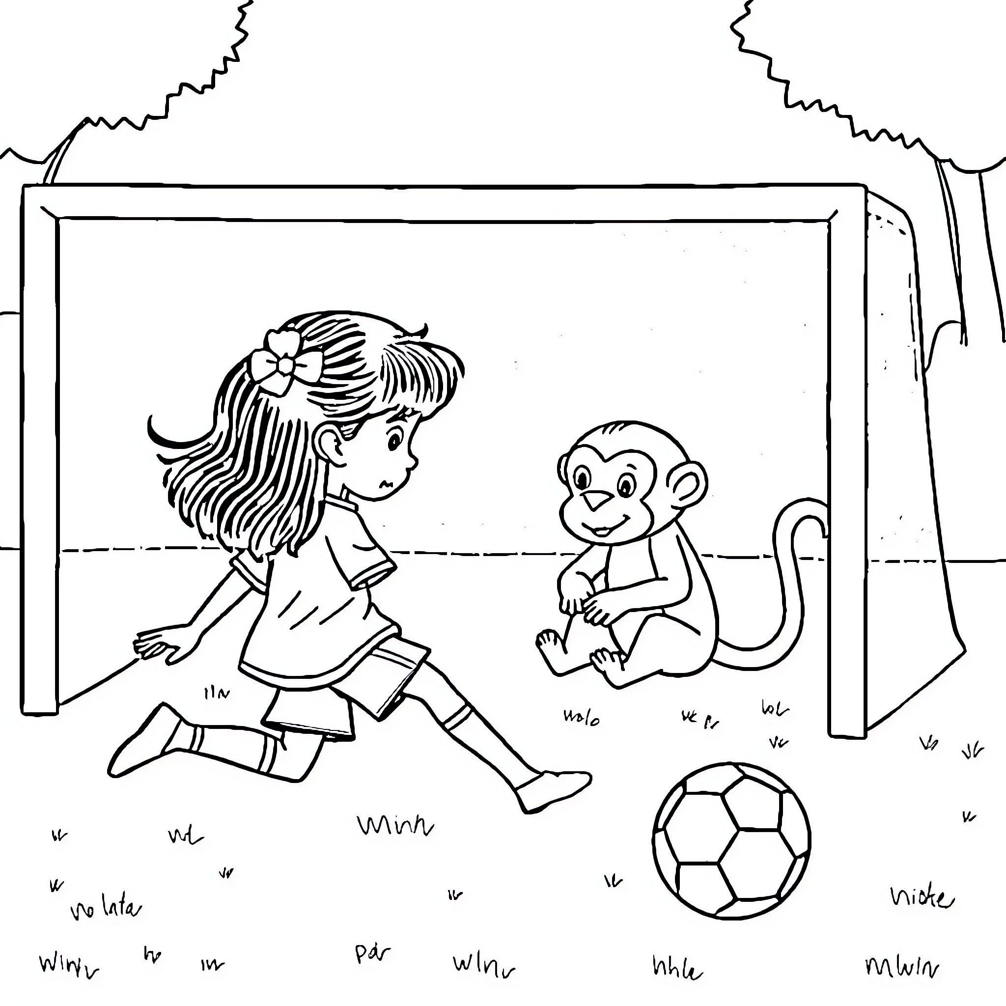 Girl playing with monkey and soccer ball Coloring Page (free black-and-white line drawing printable PDF for all, from beginners to advanced learners, including children, teens, adults, and seniors)