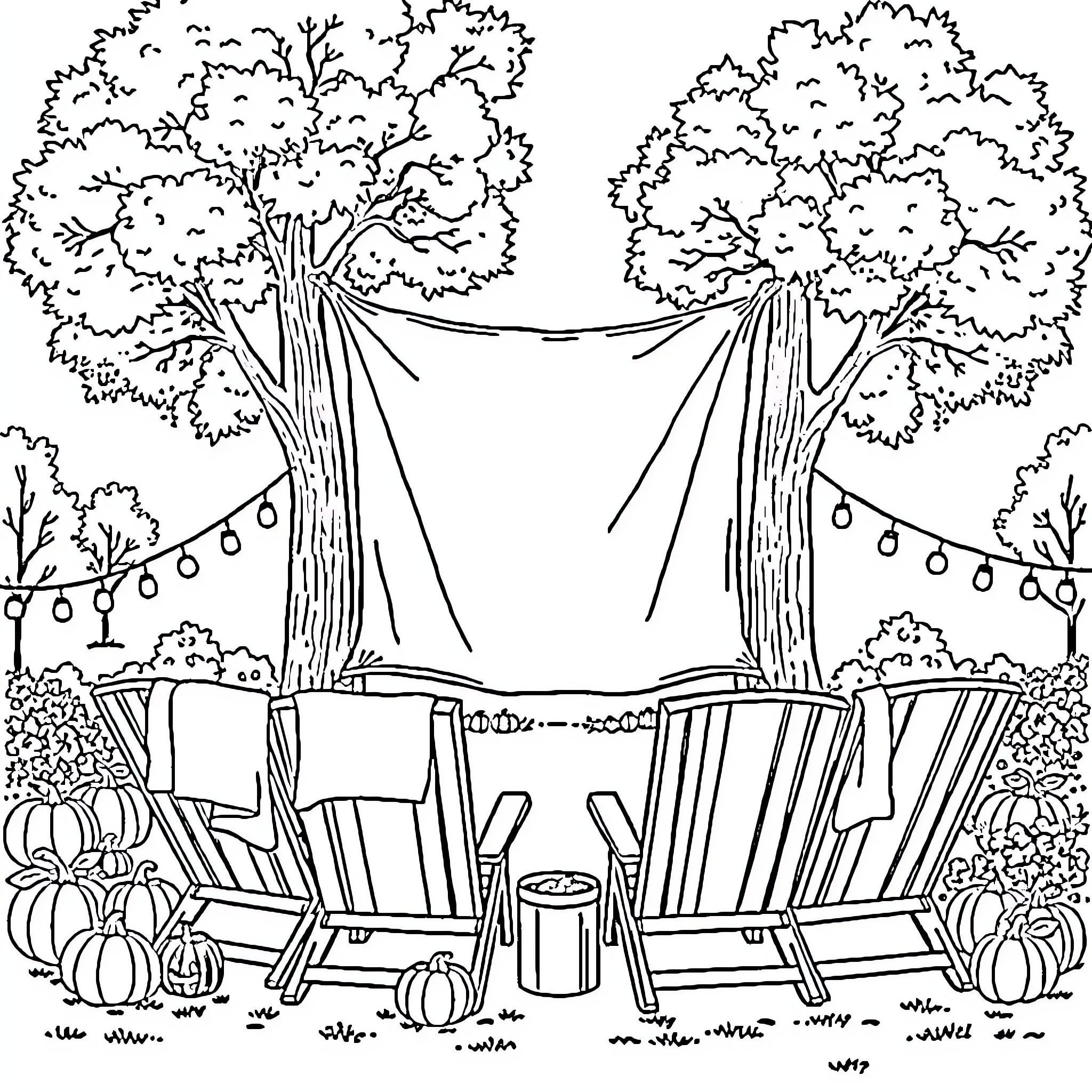 Outdoor Cinema in the Garden Coloring Page (free black-and-white line drawing printable PDF for all, from beginners to advanced learners, including children, teens, adults, and seniors)