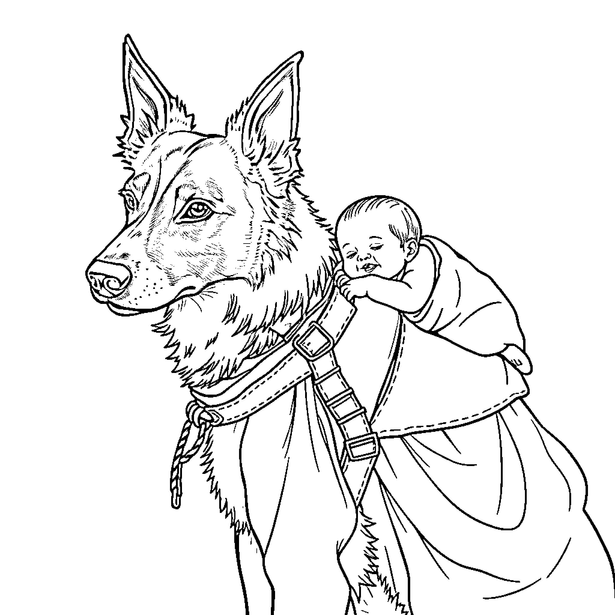 Dog assisting a young child in the wilderness Coloring Page (free black-and-white line drawing printable PDF for all, from beginners to advanced learners, including children, teens, adults, and seniors)