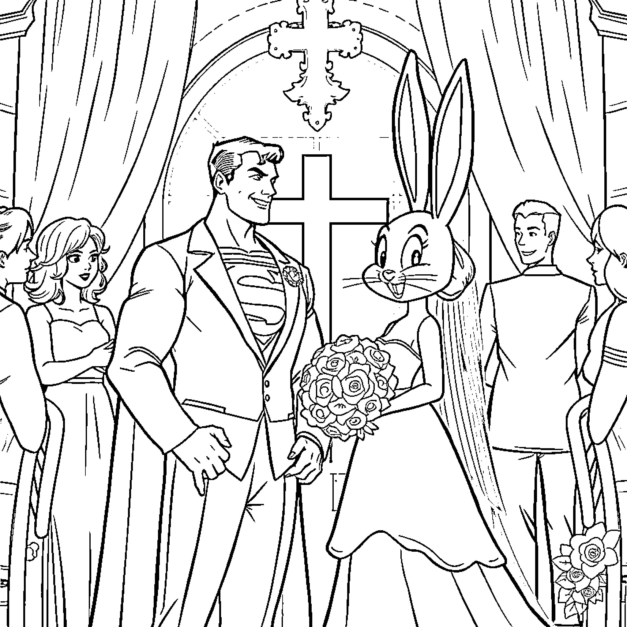 Superman's Wedding Ceremony with Diverse Guests Coloring Page (free black-and-white line drawing printable PDF for all, from beginners to advanced learners, including children, teens, adults, and seniors)