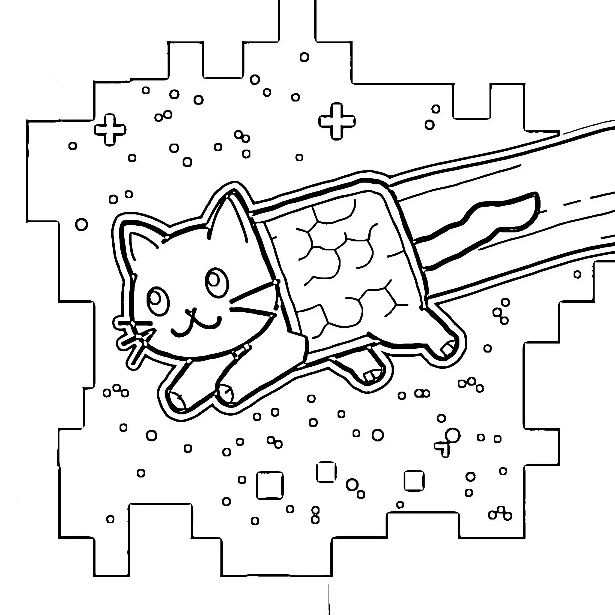 Nyan Cat flying through space Coloring Page (free black-and-white line drawing printable PDF for all, from beginners to advanced learners, including children, teens, adults, and seniors)