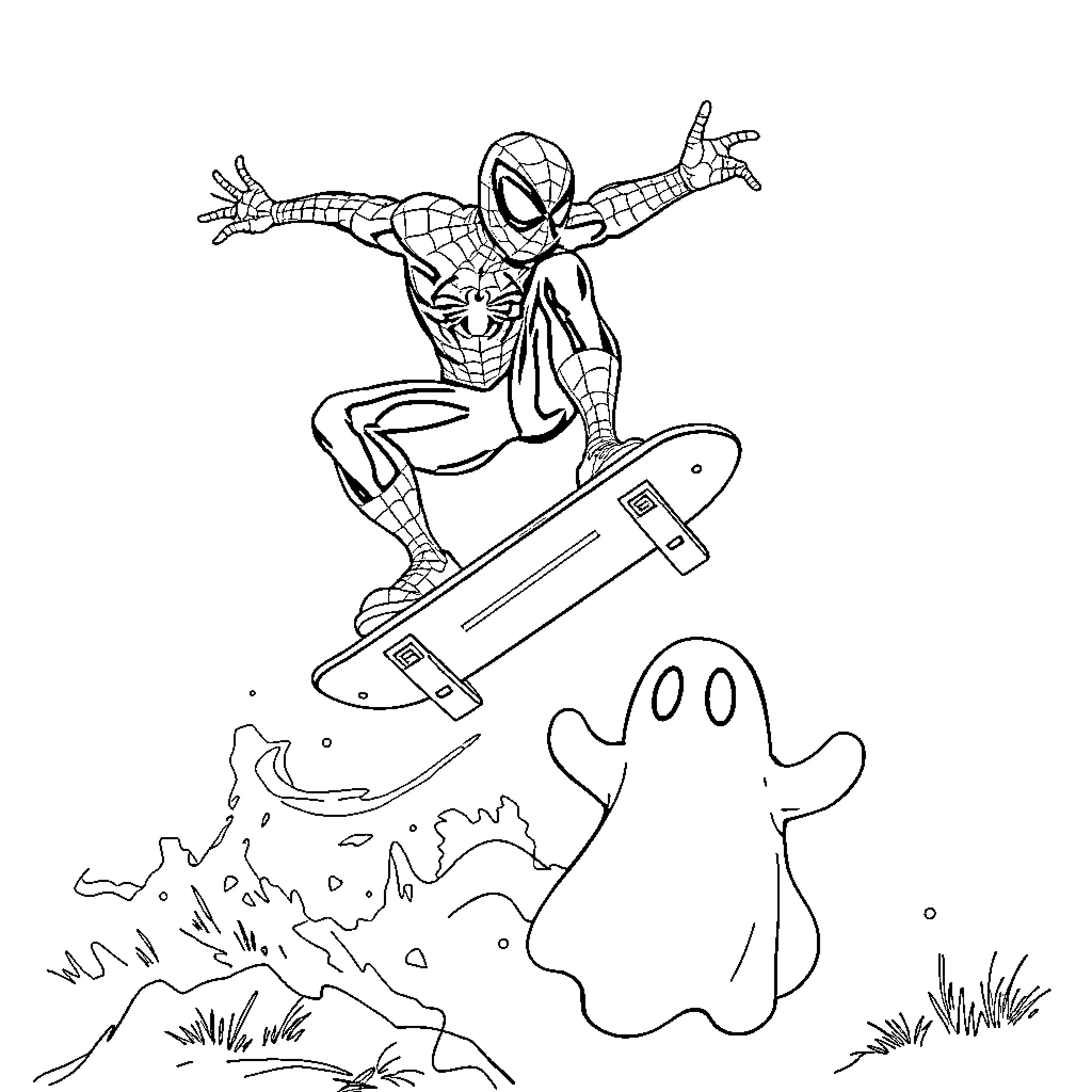 Spidey's Skateboarding Adventure with Ghostly Companion Coloring Page (free black-and-white line drawing printable PDF for all, from beginners to advanced learners, including children, teens, adults, and seniors)