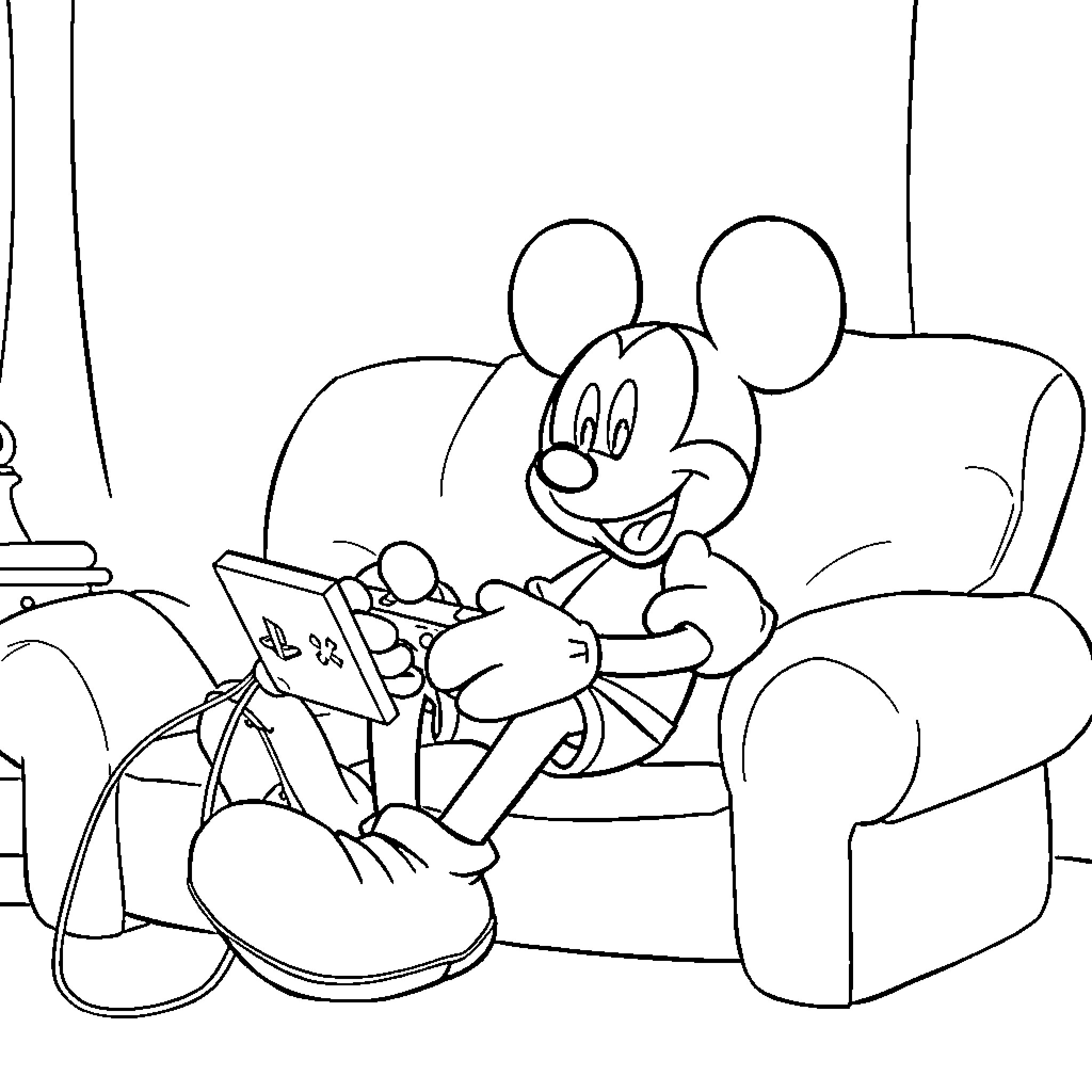 Mickey Mouse relaxing on a chair and reading Coloring Page (free black-and-white line drawing printable PDF for all, from beginners to advanced learners, including children, teens, adults, and seniors)