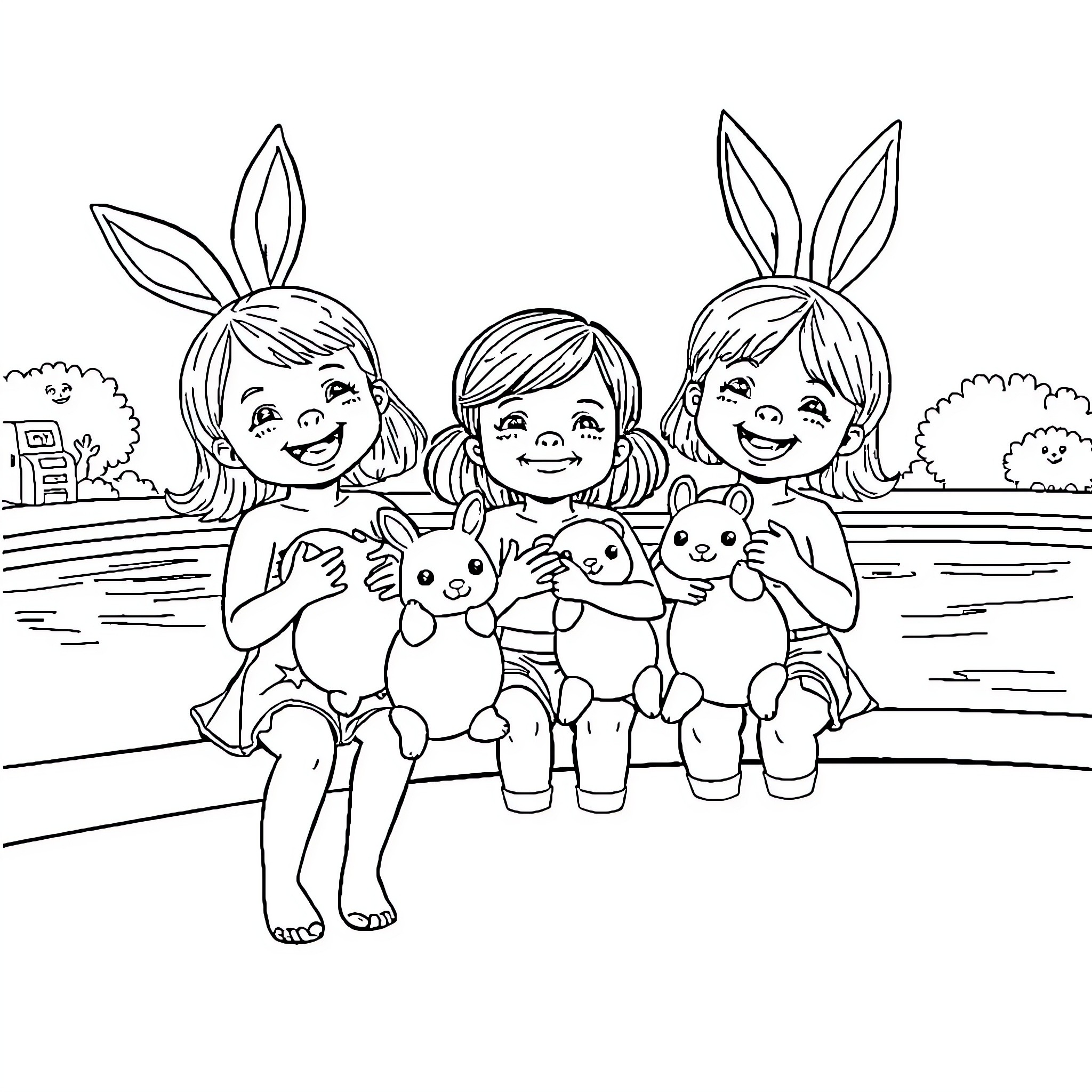 Fille enjoying playtime with friends in the park Coloring Page (free black-and-white line drawing printable PDF for all, from beginners to advanced learners, including children, teens, adults, and seniors)