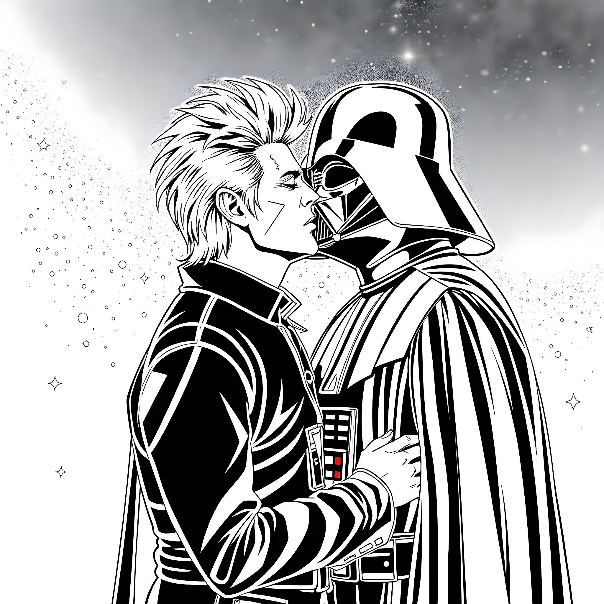 David Bowie and Darth Vader: A Cosmic Encounter Coloring Page (free black-and-white line drawing printable PDF for all, from beginners to advanced learners, including children, teens, adults, and seniors)