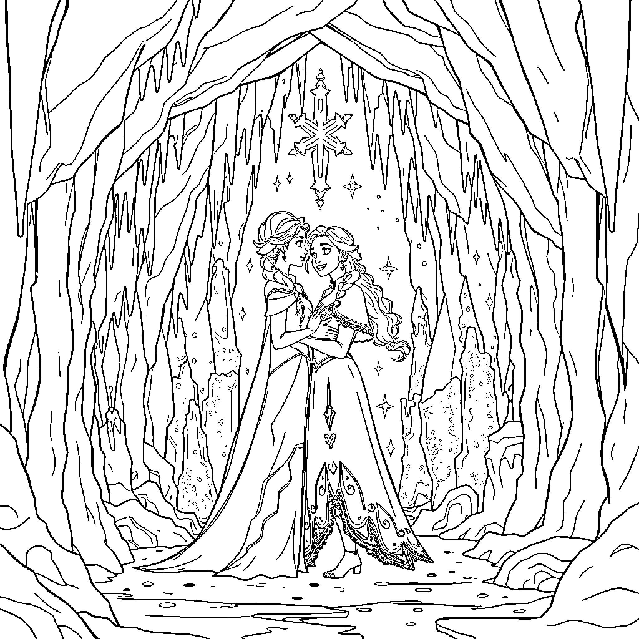 Elsa and Anna in a Magical Icy Grotto Coloring Page (free black-and-white line drawing printable PDF for all, from beginners to advanced learners, including children, teens, adults, and seniors)