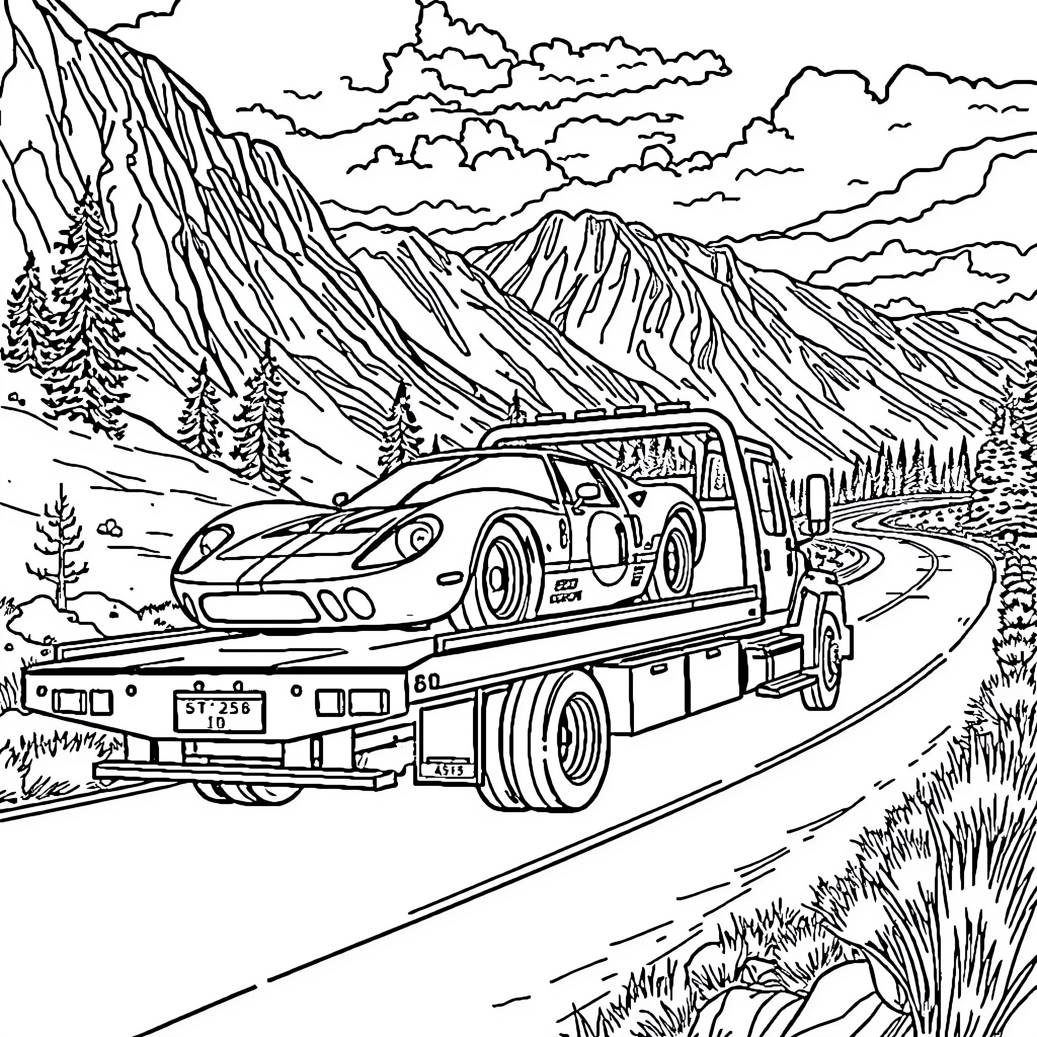 Tow Truck Transporting Race Car on Winding Mountain Road Coloring Page (free black-and-white line drawing printable PDF for all, from beginners to advanced learners, including children, teens, adults, and seniors)