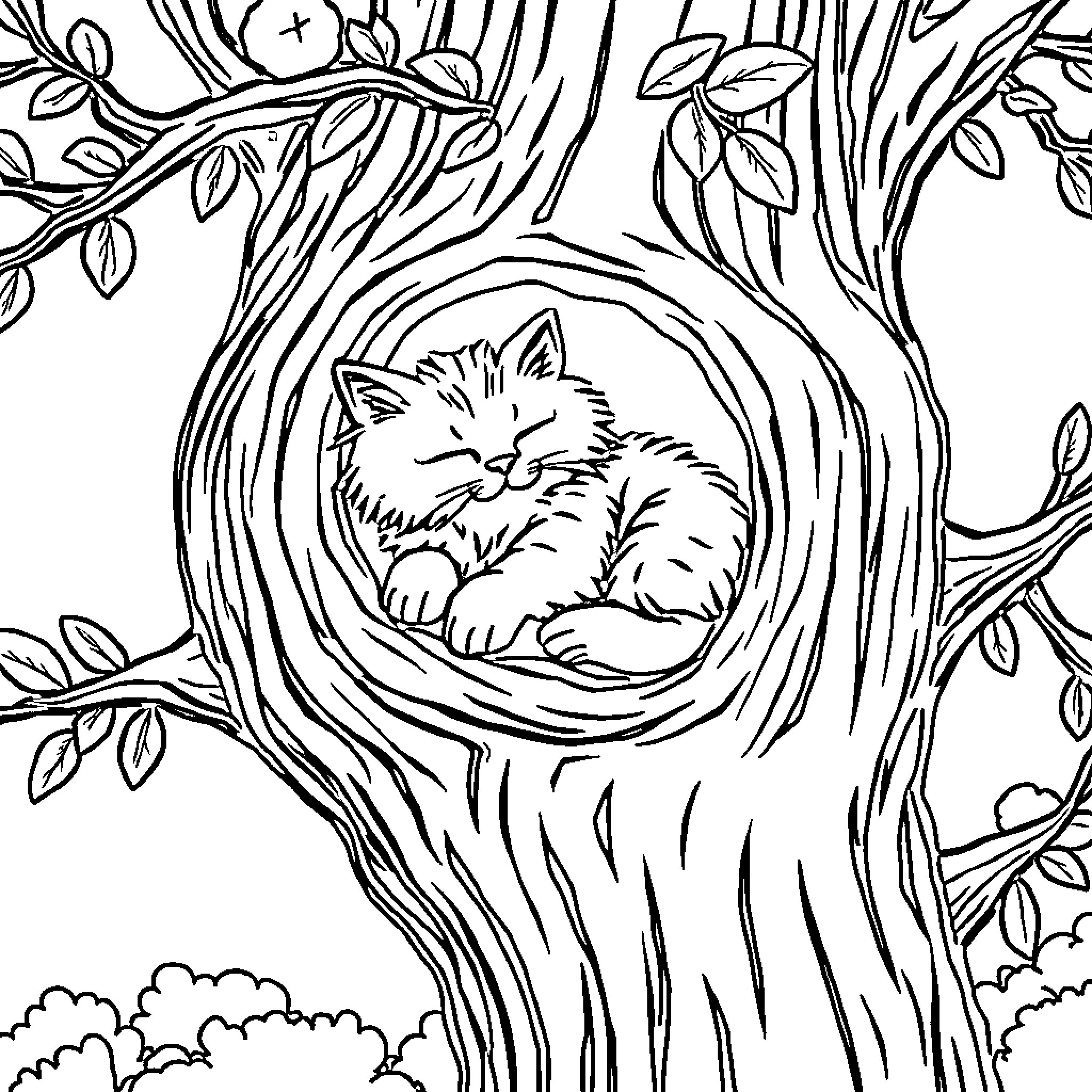 Cat curled up sleeping in a tree hollow Coloring Page (free black-and-white line drawing printable PDF for all, from beginners to advanced learners, including children, teens, adults, and seniors)