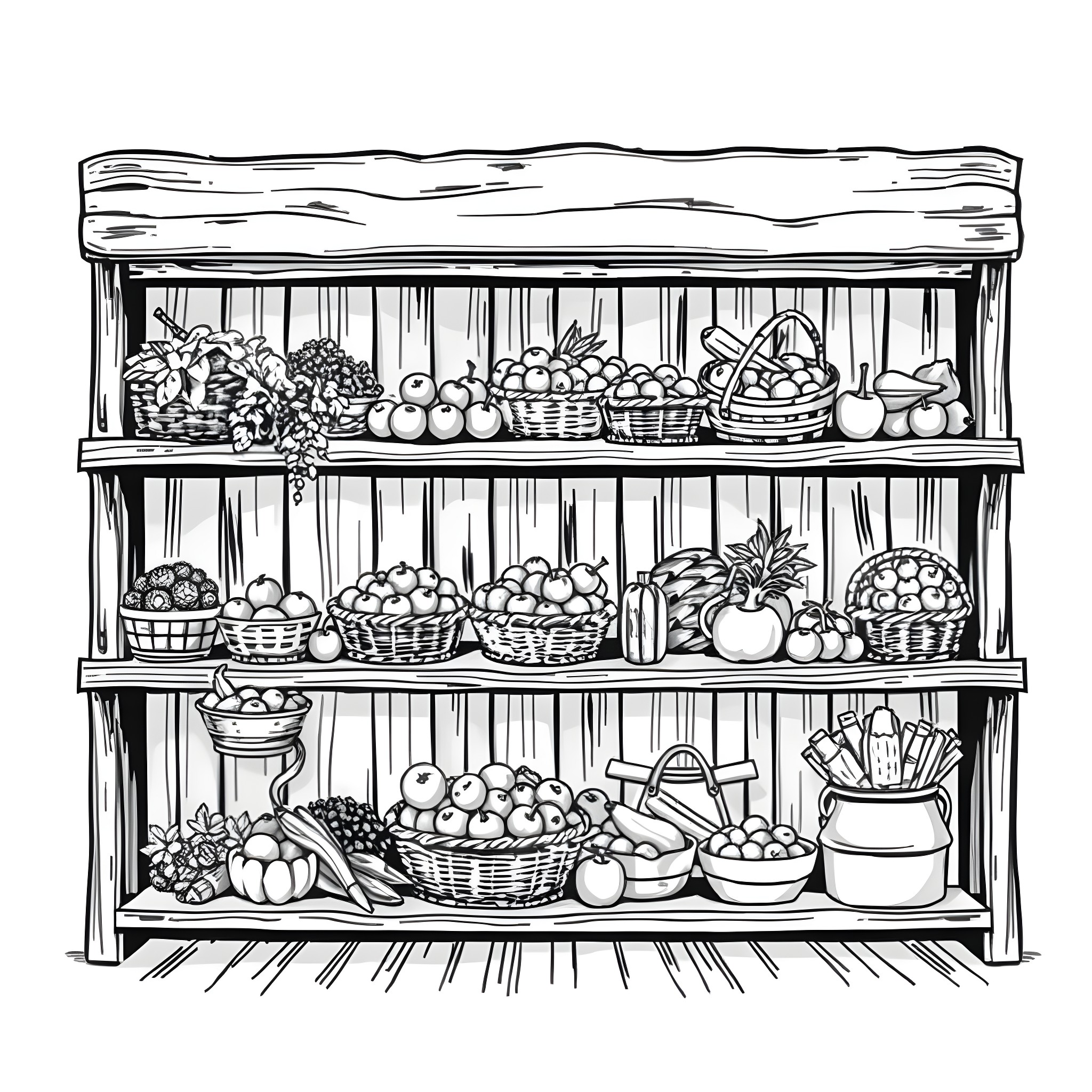Food Shelves with Various Fresh Produce Coloring Page (free black-and-white line drawing printable PDF for all, from beginners to advanced learners, including children, teens, adults, and seniors)