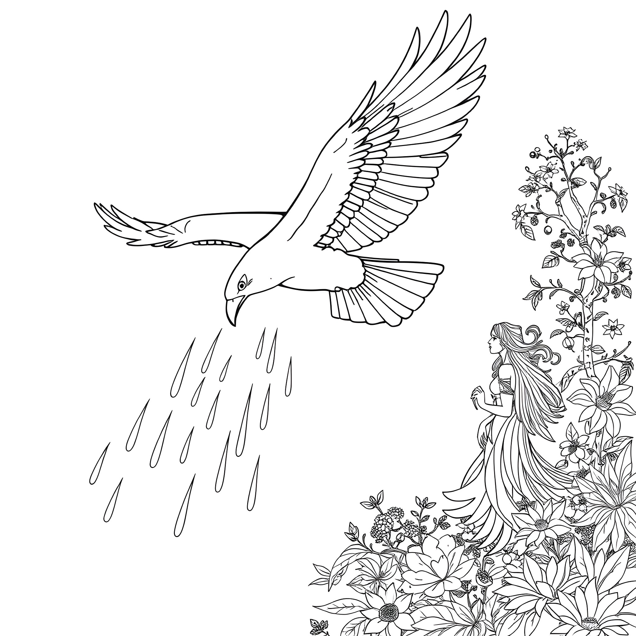 Thunderbird bringing rain and flowers Coloring Page (free black-and-white line drawing printable PDF for all, from beginners to advanced learners, including children, teens, adults, and seniors)