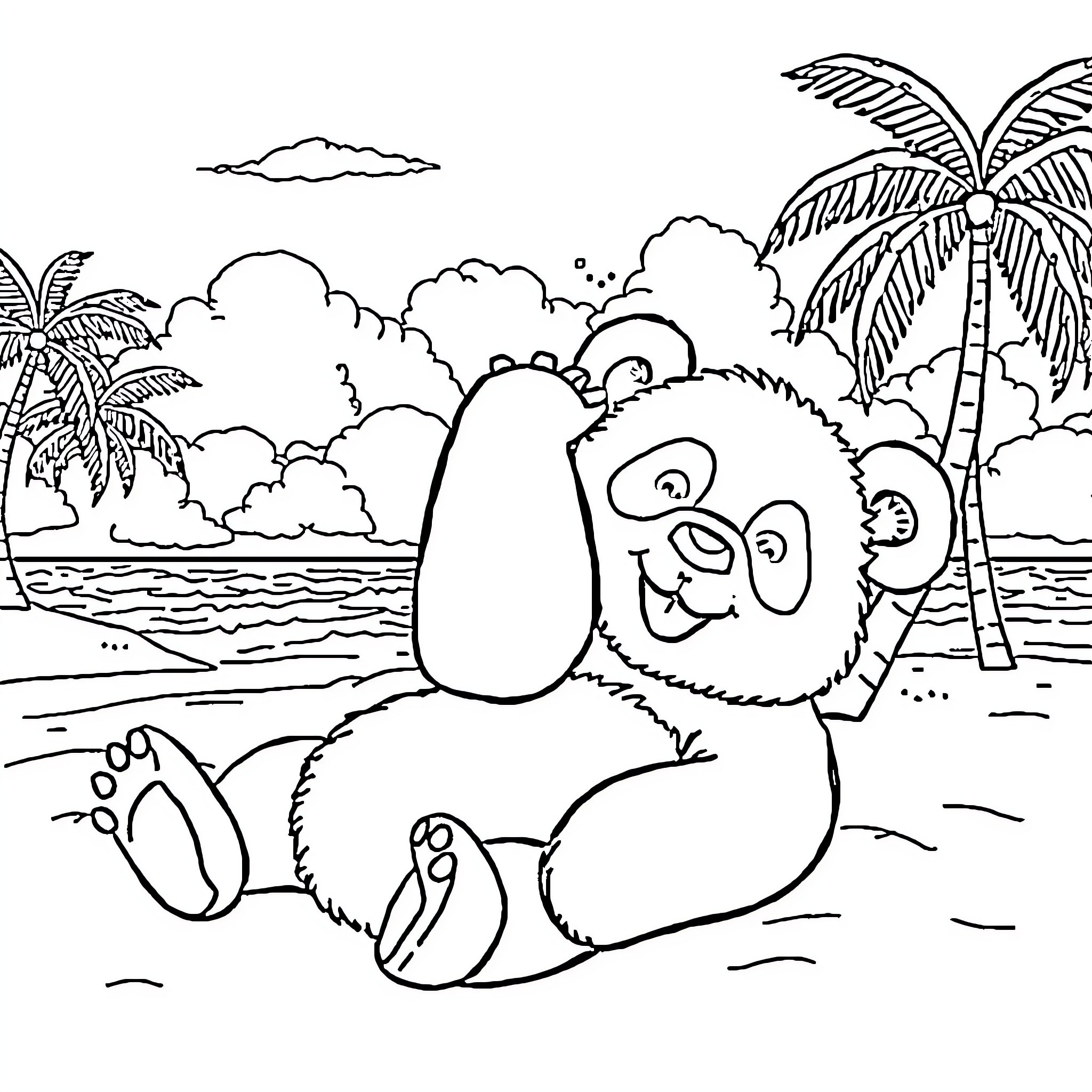 Panda enjoying a sunny day at the beach Coloring Page (free black-and-white line drawing printable PDF for all, from beginners to advanced learners, including children, teens, adults, and seniors)
