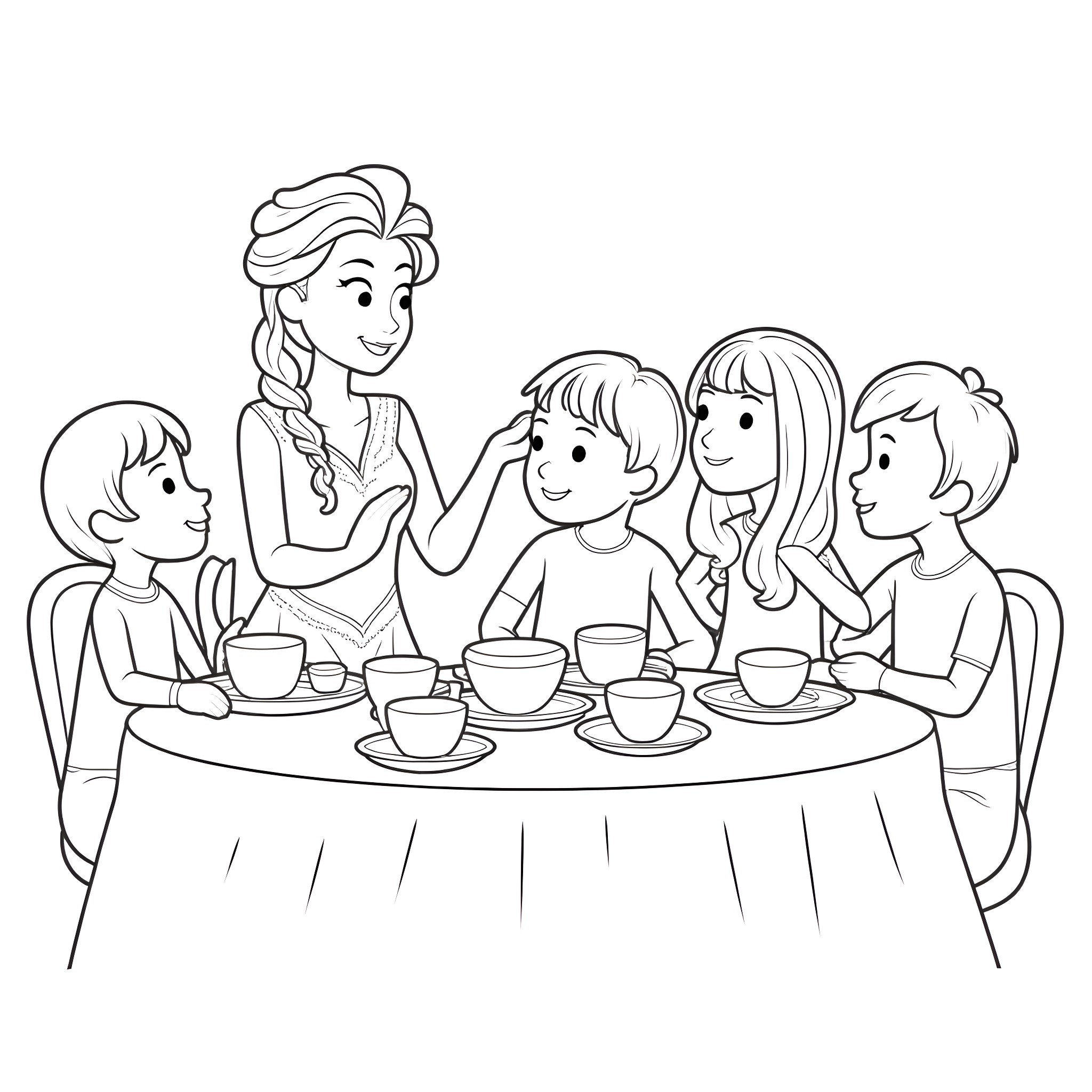 Elsa enjoying tea time with family and friends Coloring Page (free black-and-white line drawing printable PDF for all, from beginners to advanced learners, including children, teens, adults, and seniors)