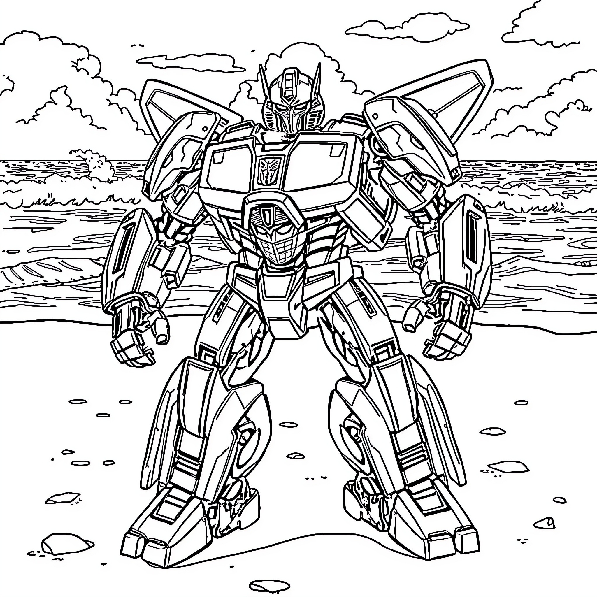 Bumblebee standing tall in a landscape Coloring Page (free black-and-white line drawing printable PDF for all, from beginners to advanced learners, including children, teens, adults, and seniors)