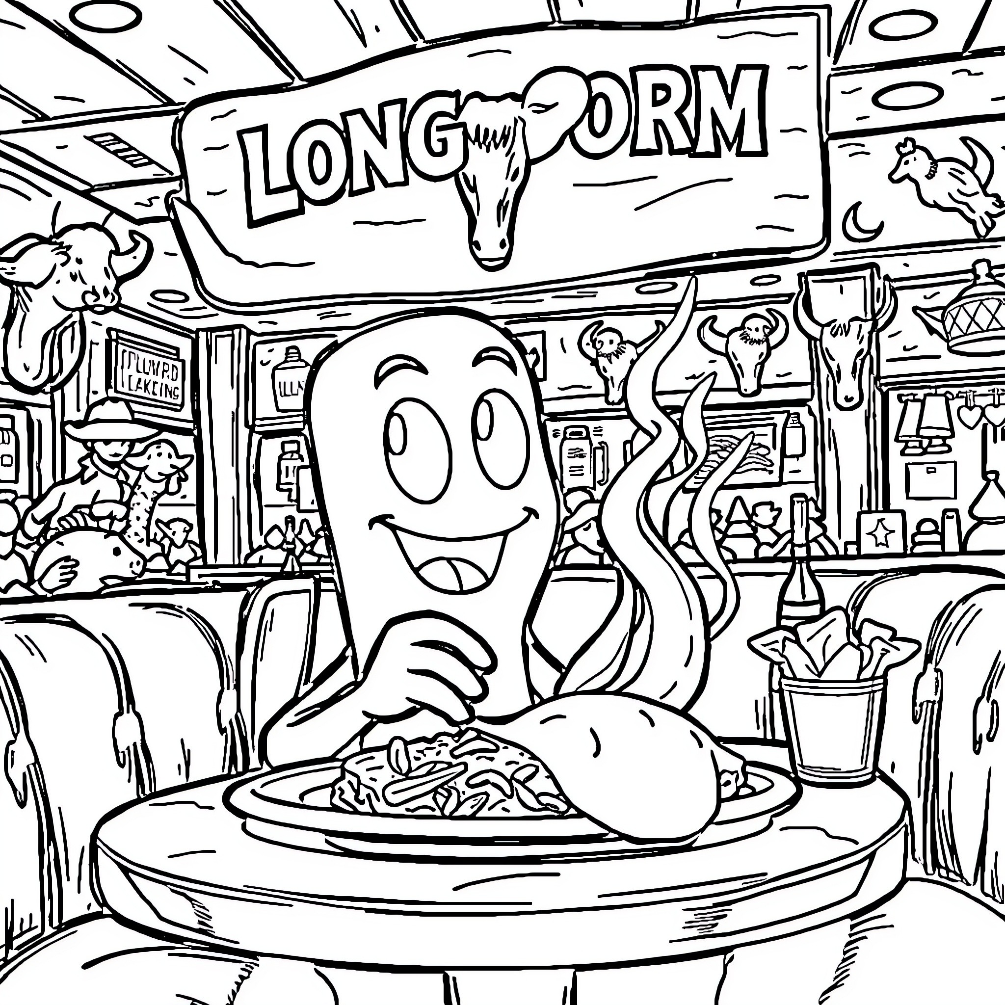 Gumby's Quirky Dining Adventure at the Long Worm Cafe Coloring Page (free black-and-white line drawing printable PDF for all, from beginners to advanced learners, including children, teens, adults, and seniors)