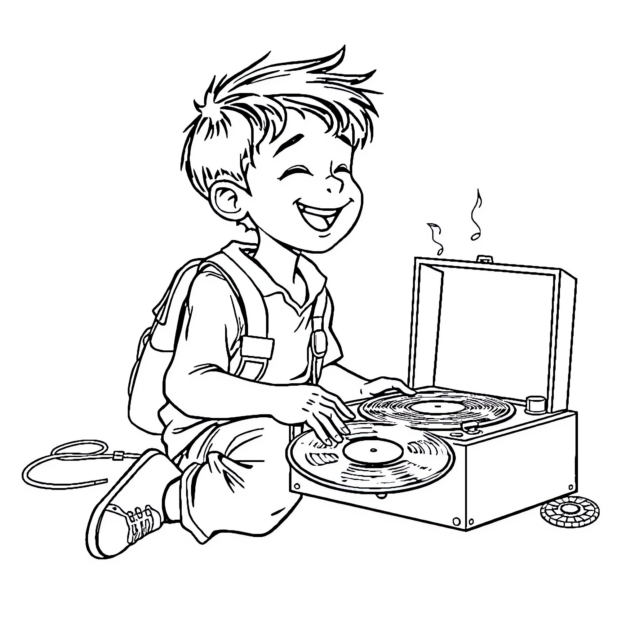 Boy enjoying music on vinyl record player Coloring Page (free black-and-white line drawing printable PDF for all, from beginners to advanced learners, including children, teens, adults, and seniors)