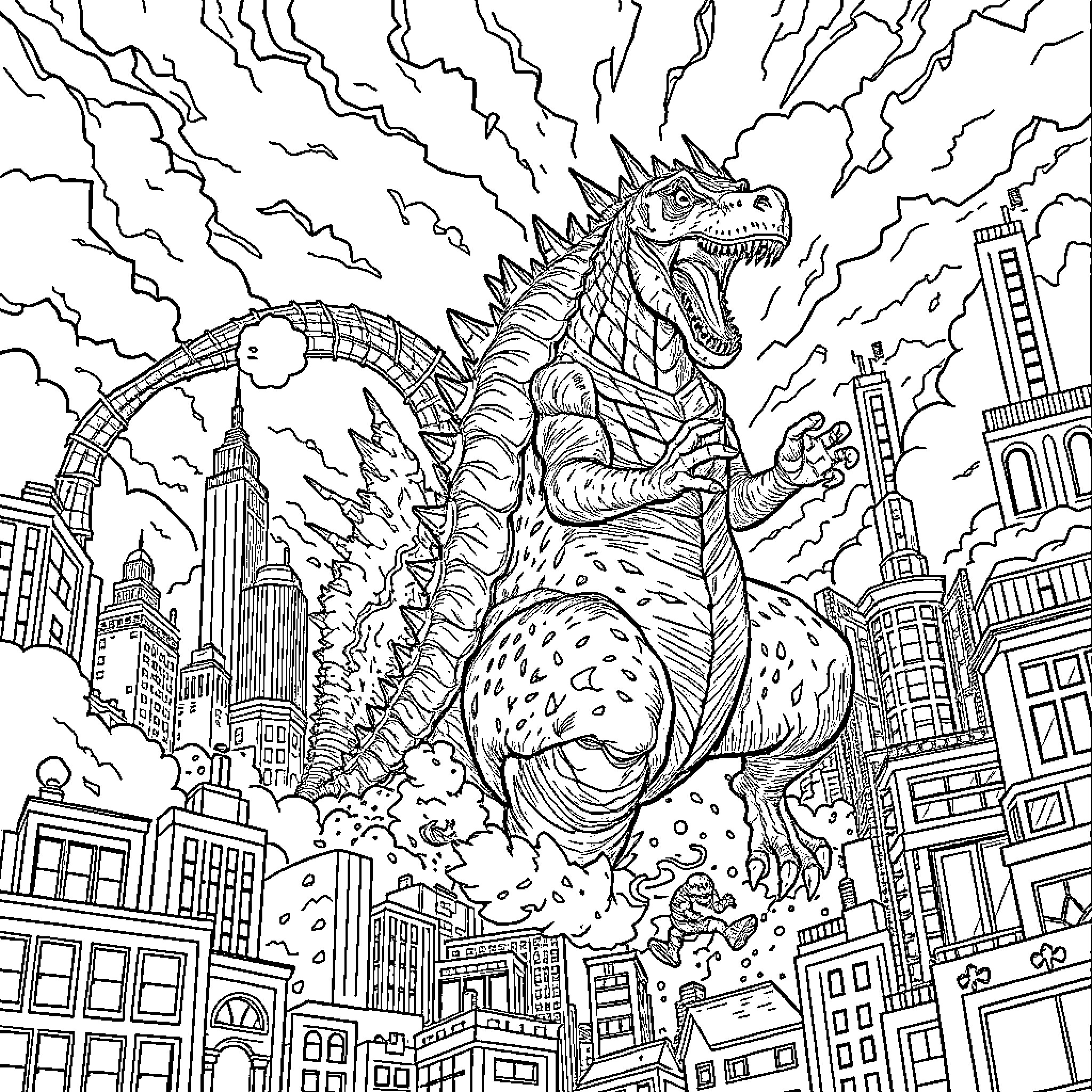 Raptor Rampaging Through the City Coloring Page (free black-and-white line drawing printable PDF for all, from beginners to advanced learners, including children, teens, adults, and seniors)