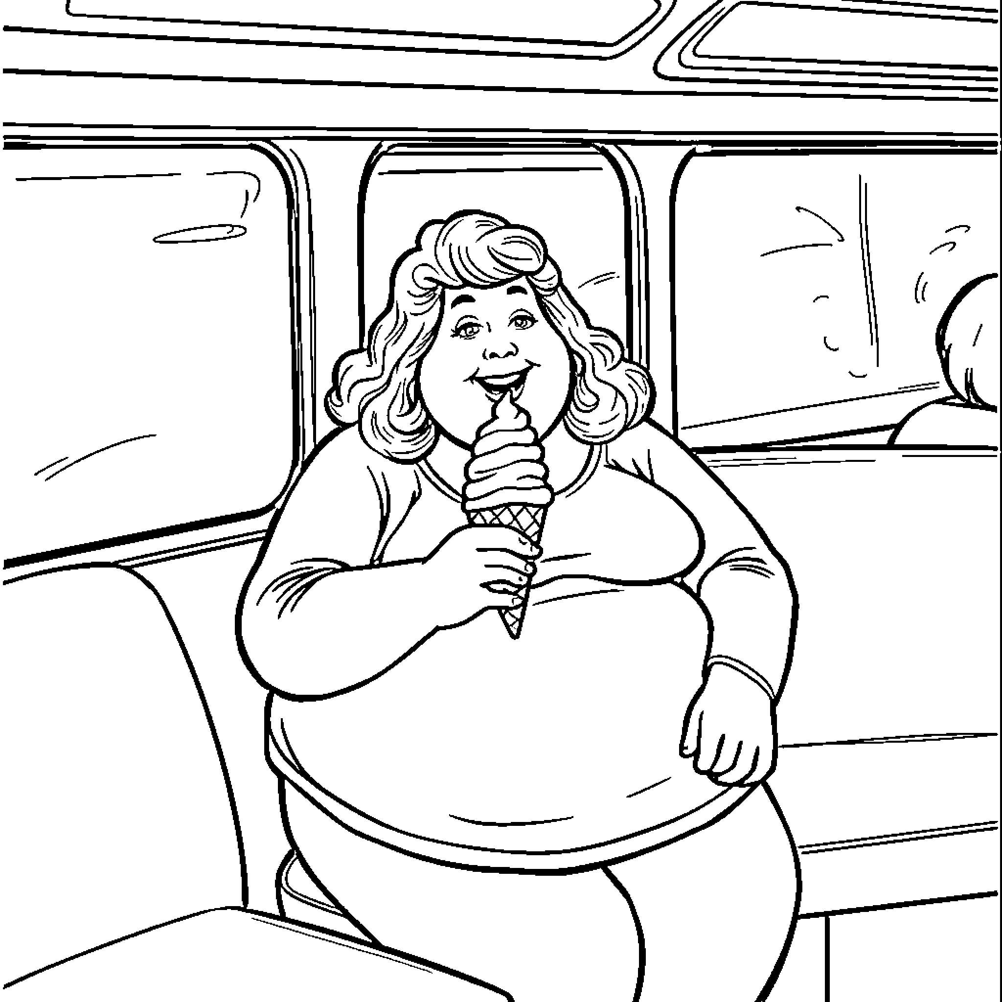 Woman enjoying an ice cream in a vehicle Coloring Page (free black-and-white line drawing printable PDF for all, from beginners to advanced learners, including children, teens, adults, and seniors)