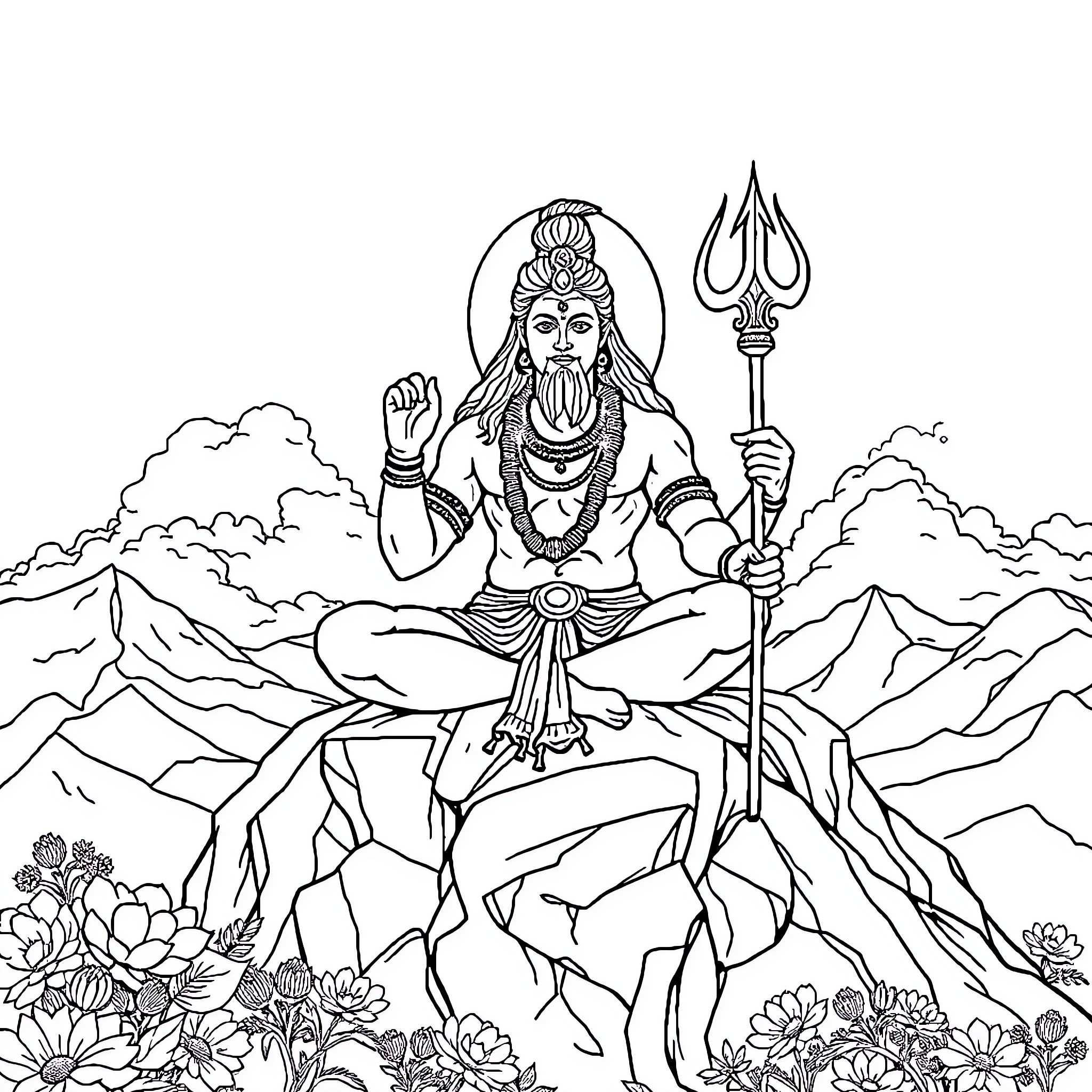 Shiv Ji in Meditative Pose with Trident Coloring Page (free black-and-white line drawing printable PDF for all, from beginners to advanced learners, including children, teens, adults, and seniors)