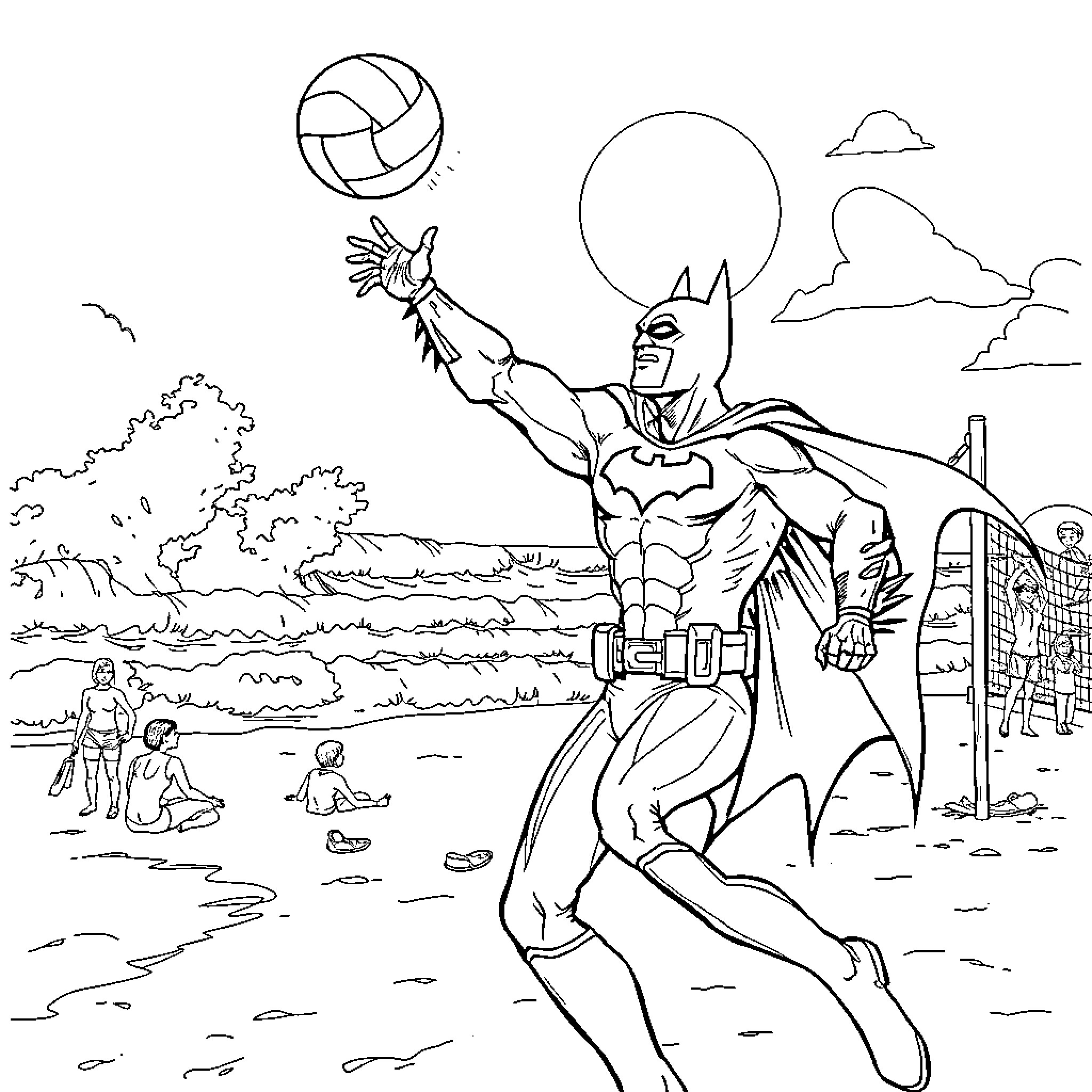 Batman Playing Volleyball with Beachgoers Coloring Page (free black-and-white line drawing printable PDF for all, from beginners to advanced learners, including children, teens, adults, and seniors)