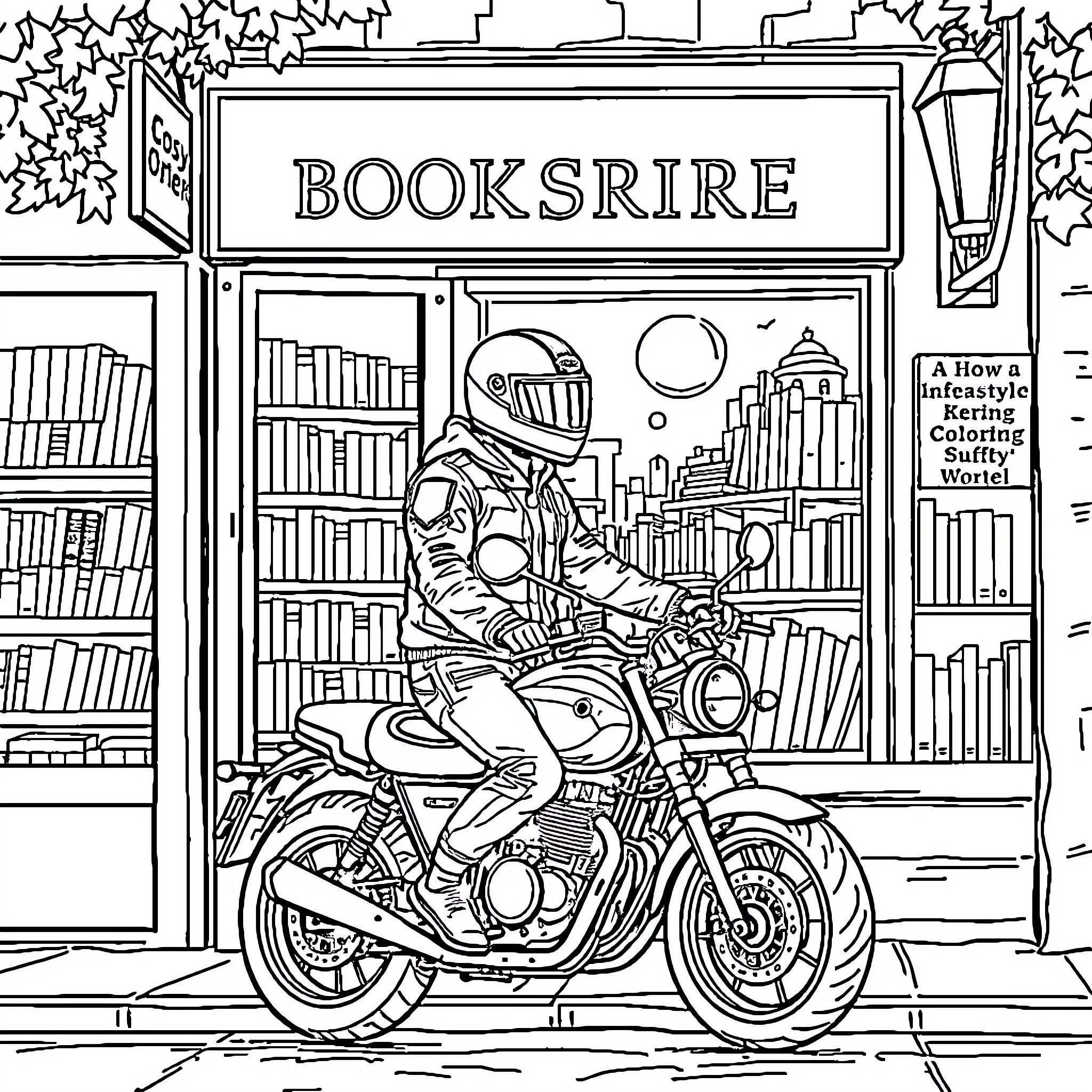 Motorcycle rider outside a bookstore Coloring Page (free black-and-white line drawing printable PDF for all, from beginners to advanced learners, including children, teens, adults, and seniors)