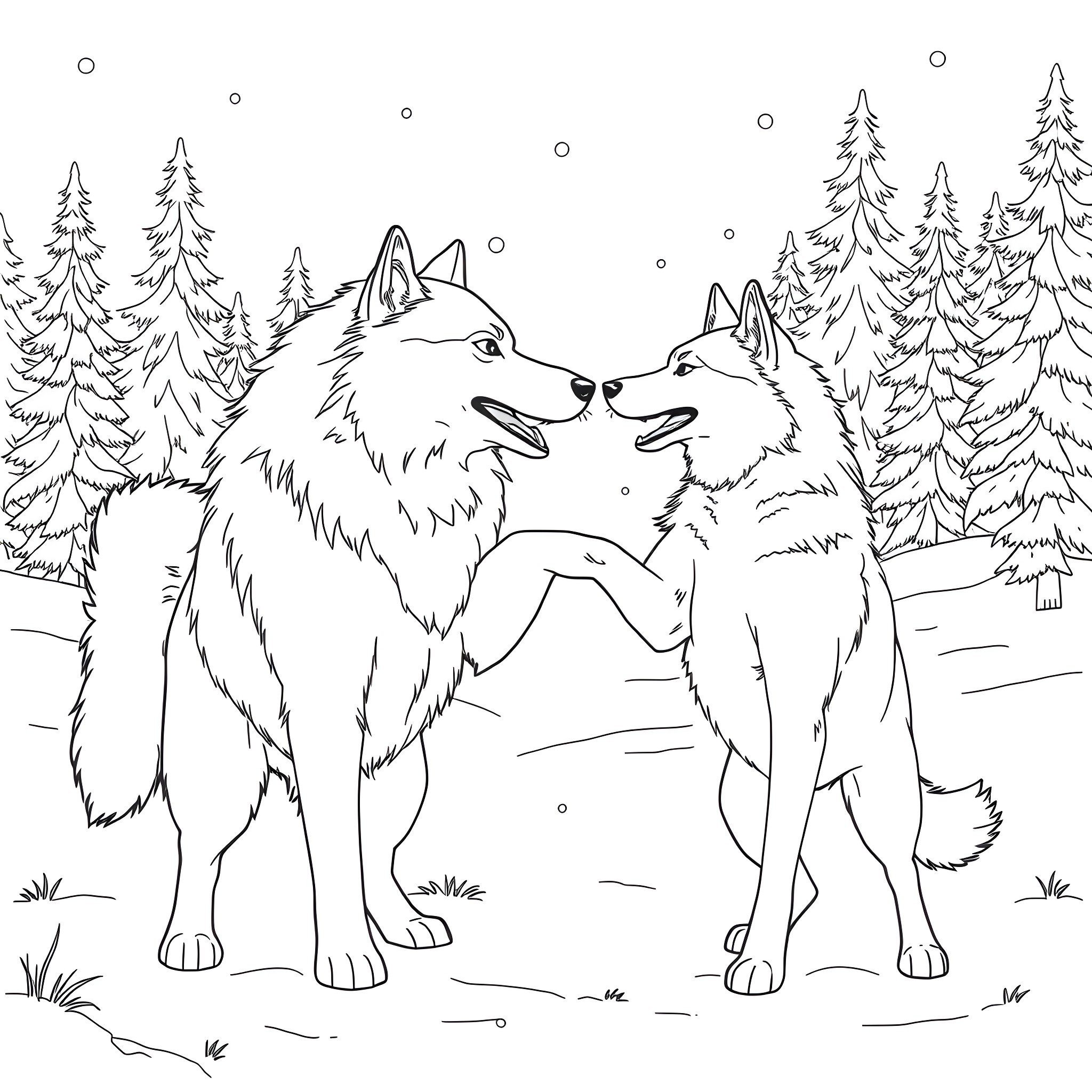 Husky wolves in a snowy forest Coloring Page (free black-and-white line drawing printable PDF for all, from beginners to advanced learners, including children, teens, adults, and seniors)