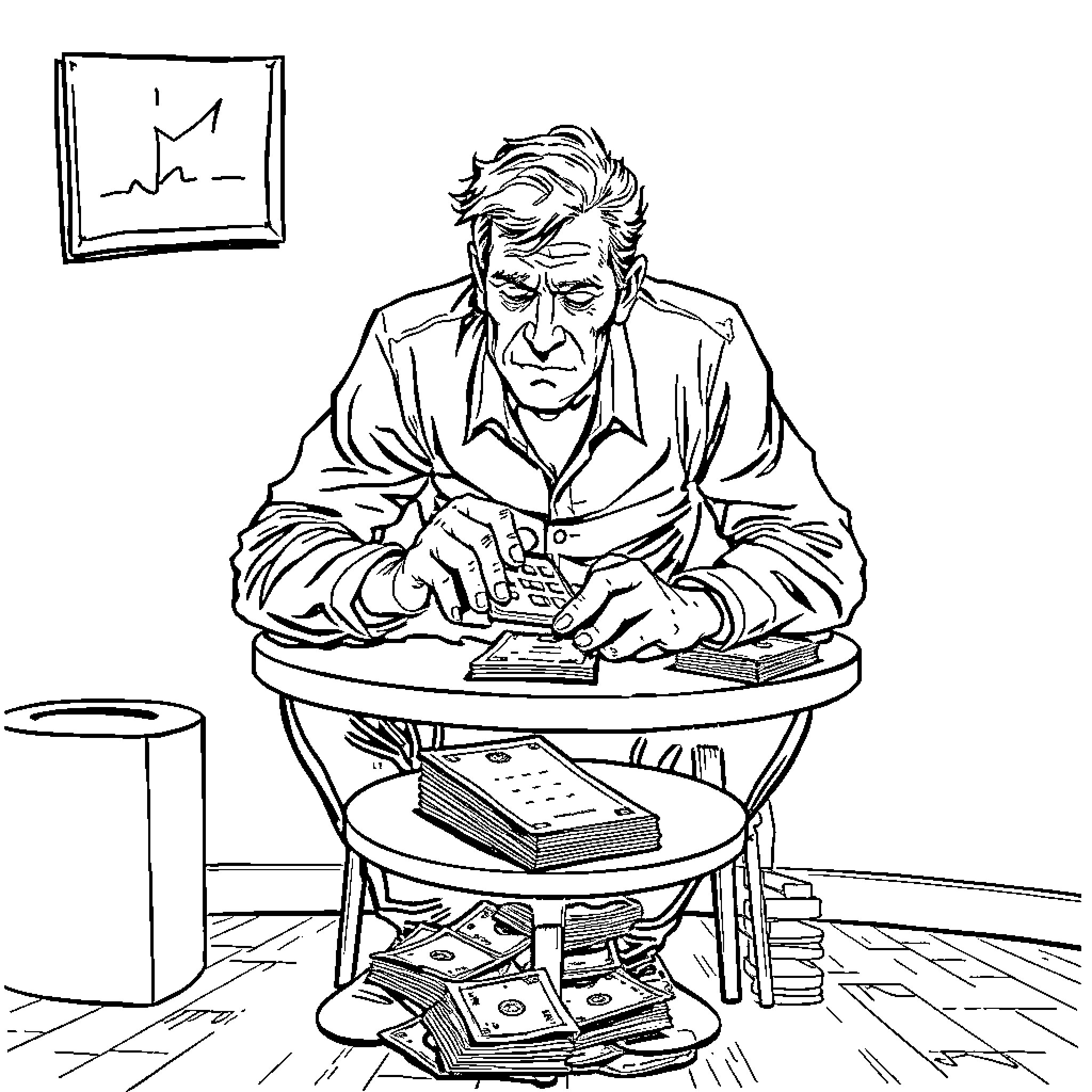 Man counting cash and reviewing financial documents Coloring Page (free black-and-white line drawing printable PDF for all, from beginners to advanced learners, including children, teens, adults, and seniors)