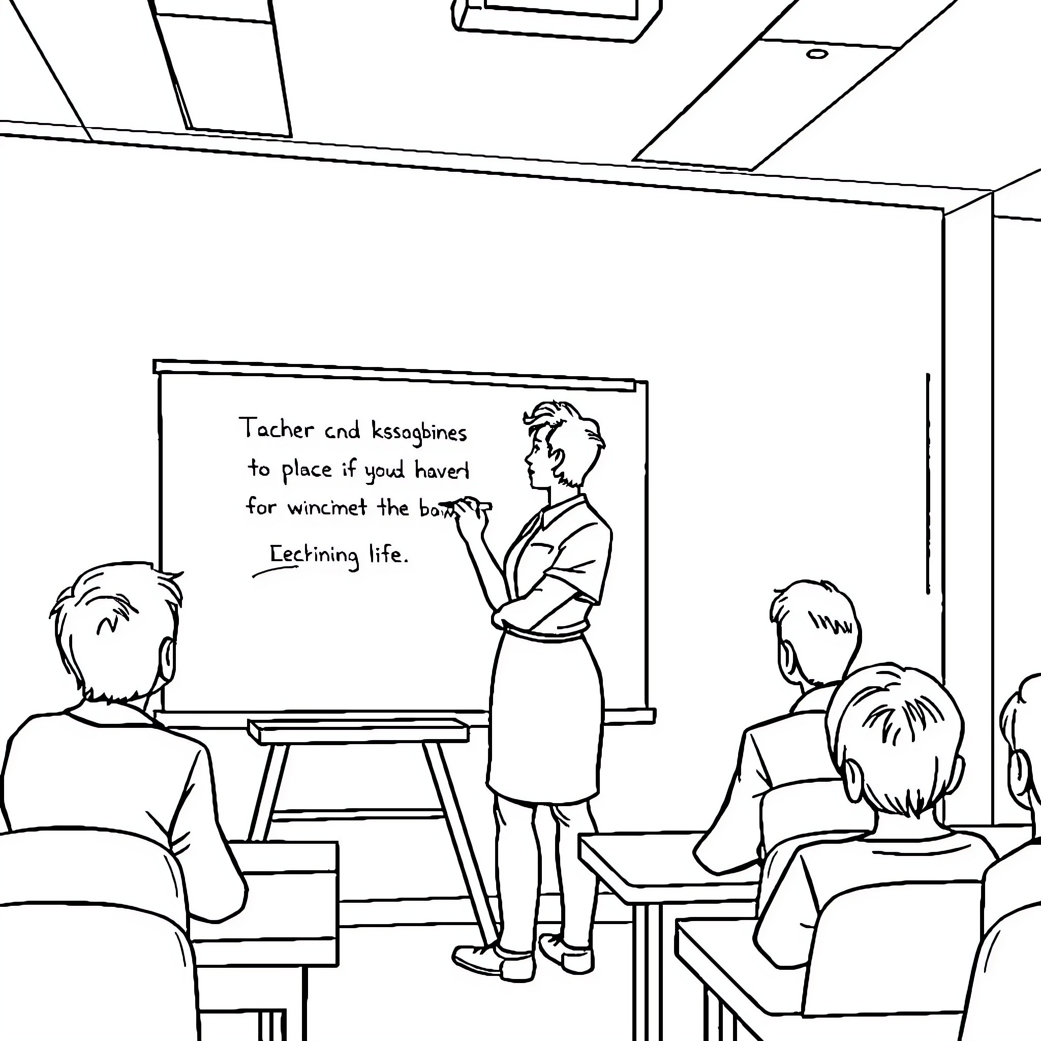 Teacher writing lesson on chalkboard for students Coloring Page (free black-and-white line drawing printable PDF for all, from beginners to advanced learners, including children, teens, adults, and seniors)