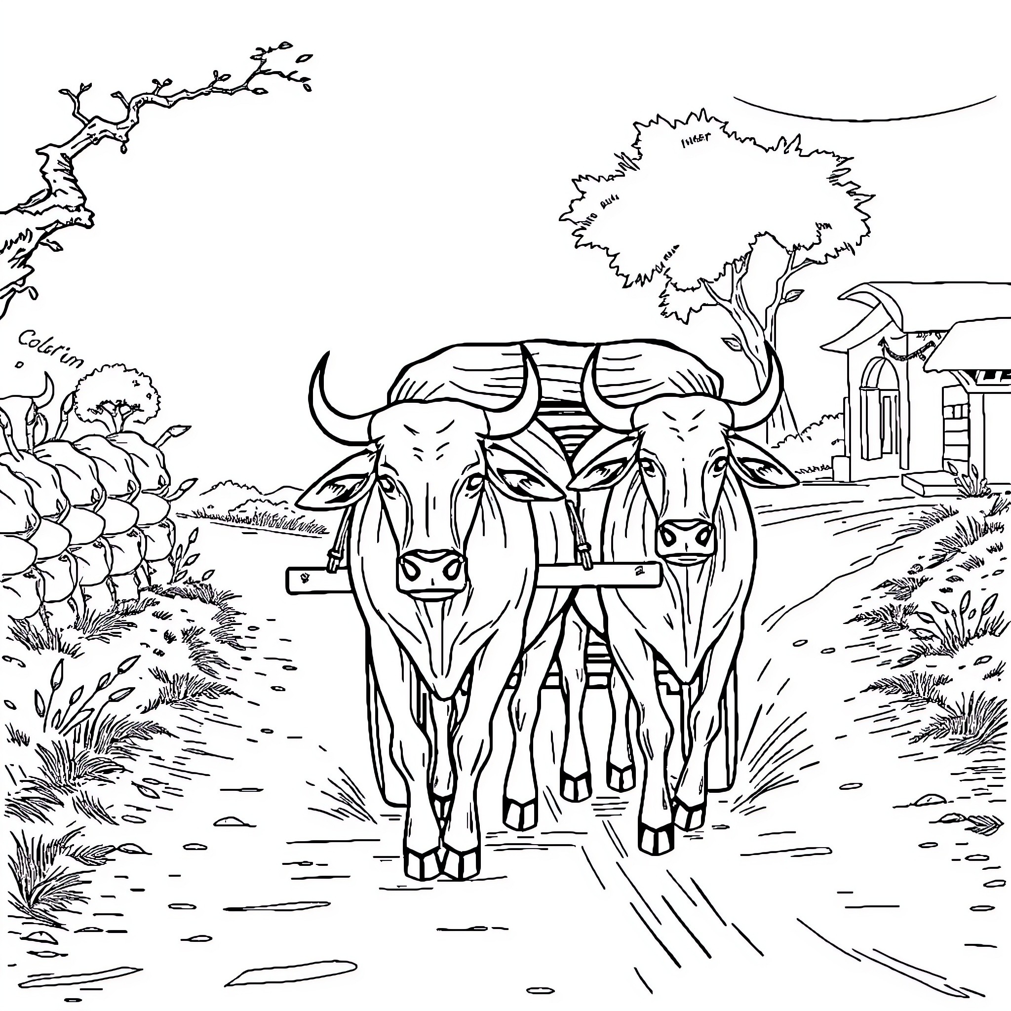 Bullock Cart transporting goods through rural landscape Coloring Page (free black-and-white line drawing printable PDF for all, from beginners to advanced learners, including children, teens, adults, and seniors)