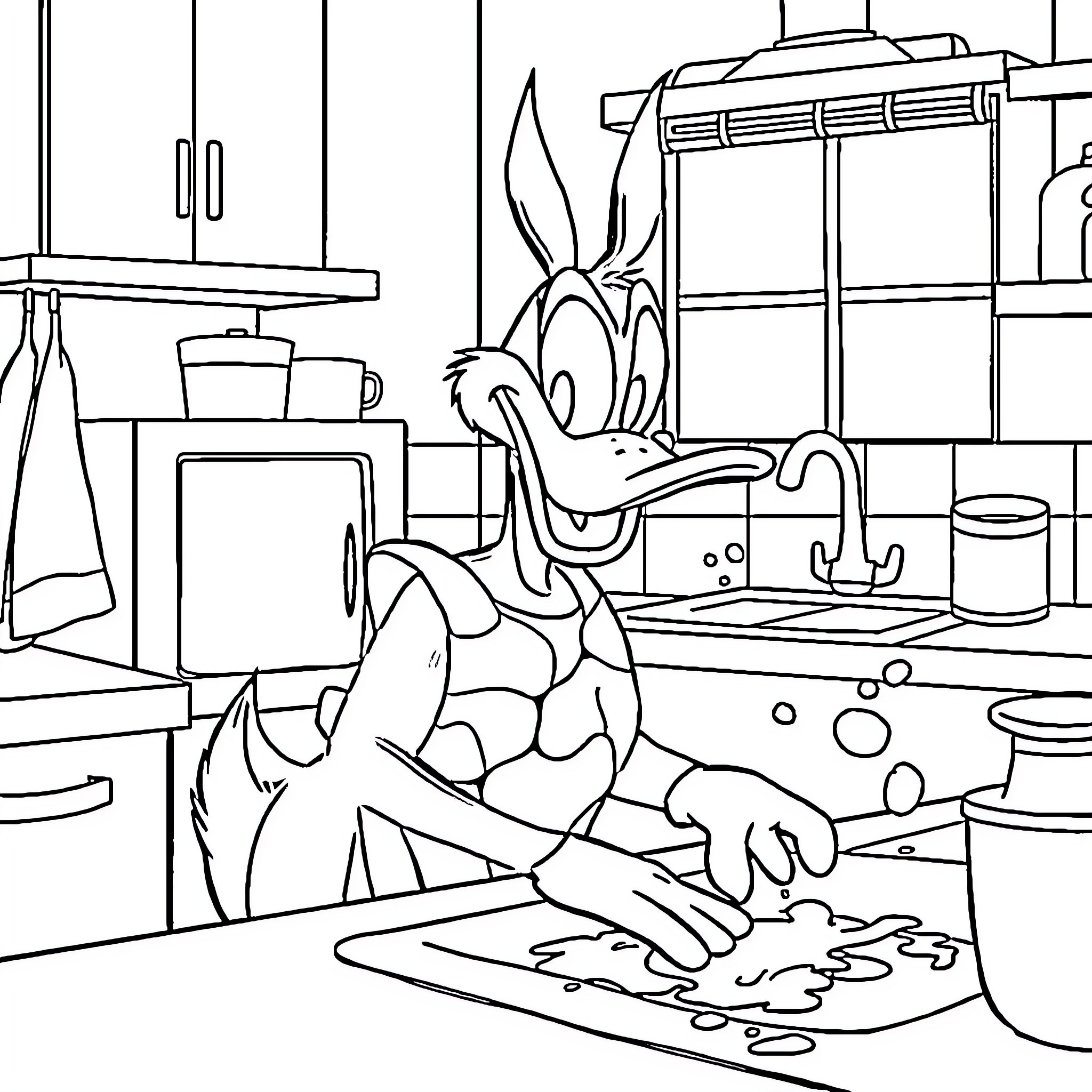 Daffy Duck in a messy kitchen Coloring Page (free black-and-white line drawing printable PDF for all, from beginners to advanced learners, including children, teens, adults, and seniors)